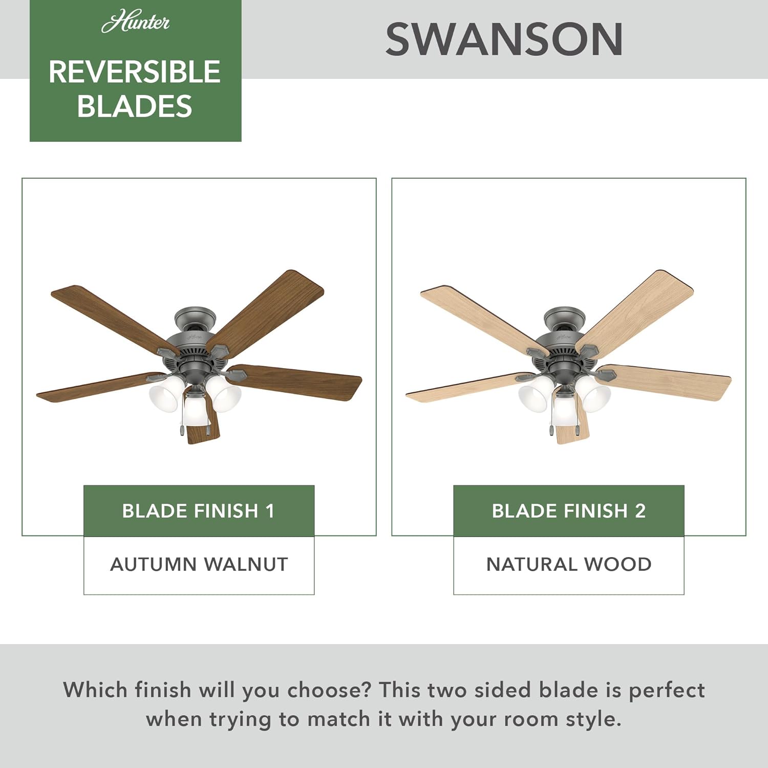 Hunter 52 inch Indoor Ceiling Fan with LED Lights - Ceiling Fan with Pull Chain, For Bedroom, Living Room, or Kitchen, Standard Mount, No Remote, 5 Blades - Swanson 50894, Matte Silver