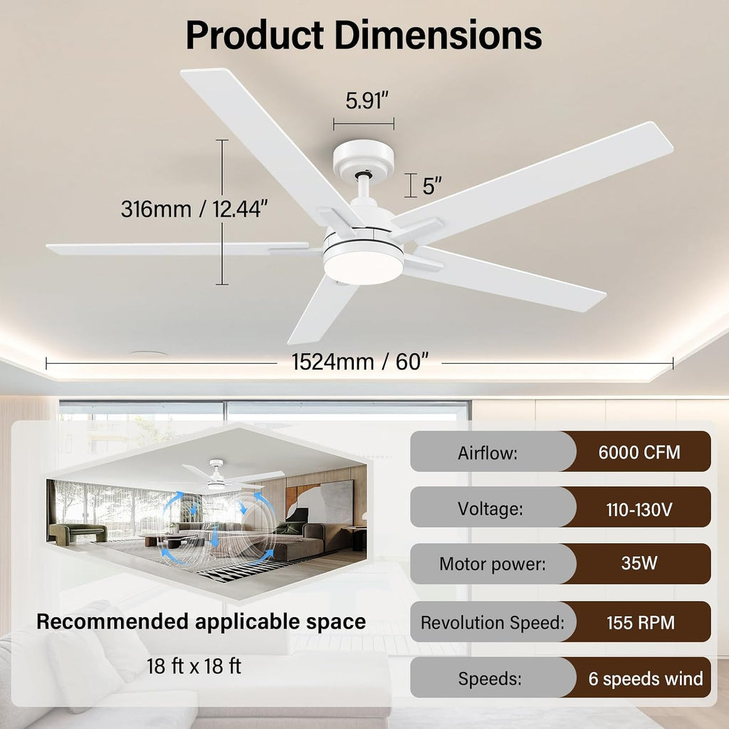 60 Inch White Ceiling Fans with Lights and Remote, Reversible, 3CCT, Dimmable, Noiseless, Large Ceiling Fan for Bedroom, Living Room and Patio, Indoor/Outdoor Use