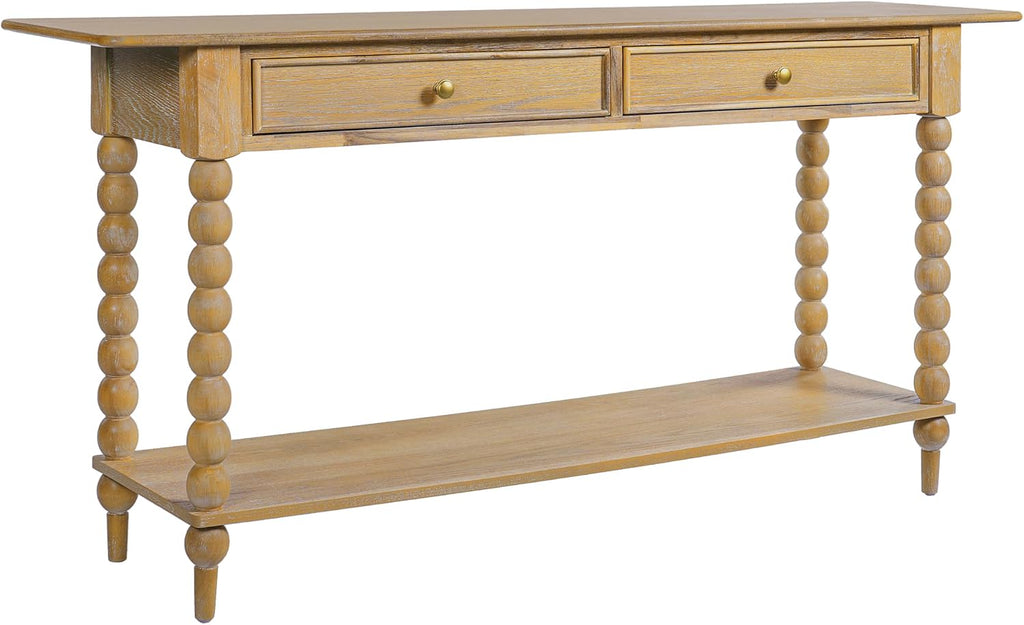 Christopher Knight Home Zeka Narrow Console Table with Storage, Wood Entryway Table with 2 Drawers and 1 Bottom Shelf, Retro Display Table with Unique Spherical Legs for Hallway, Living Room, Natural