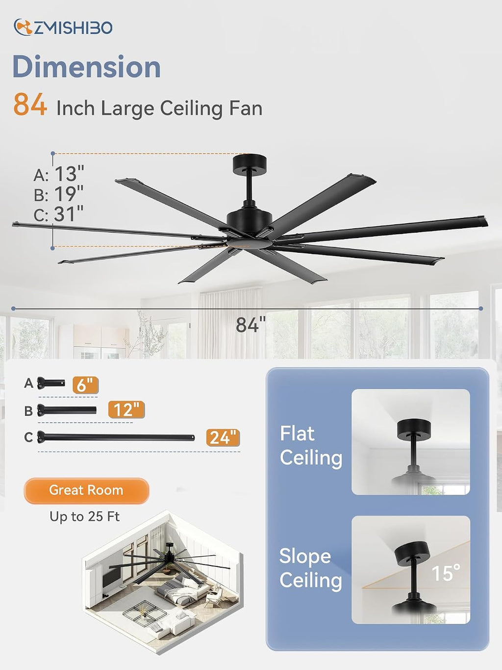 ZMISHIBO 84 Inch Ceiling Fans No Light, Large Industrial Ceiling Fan with 8 Aluminium Blades, Quiet DC Motor, 6 Speeds, Modern Ceiling Fan without Light for Garage/shop/living room,Black