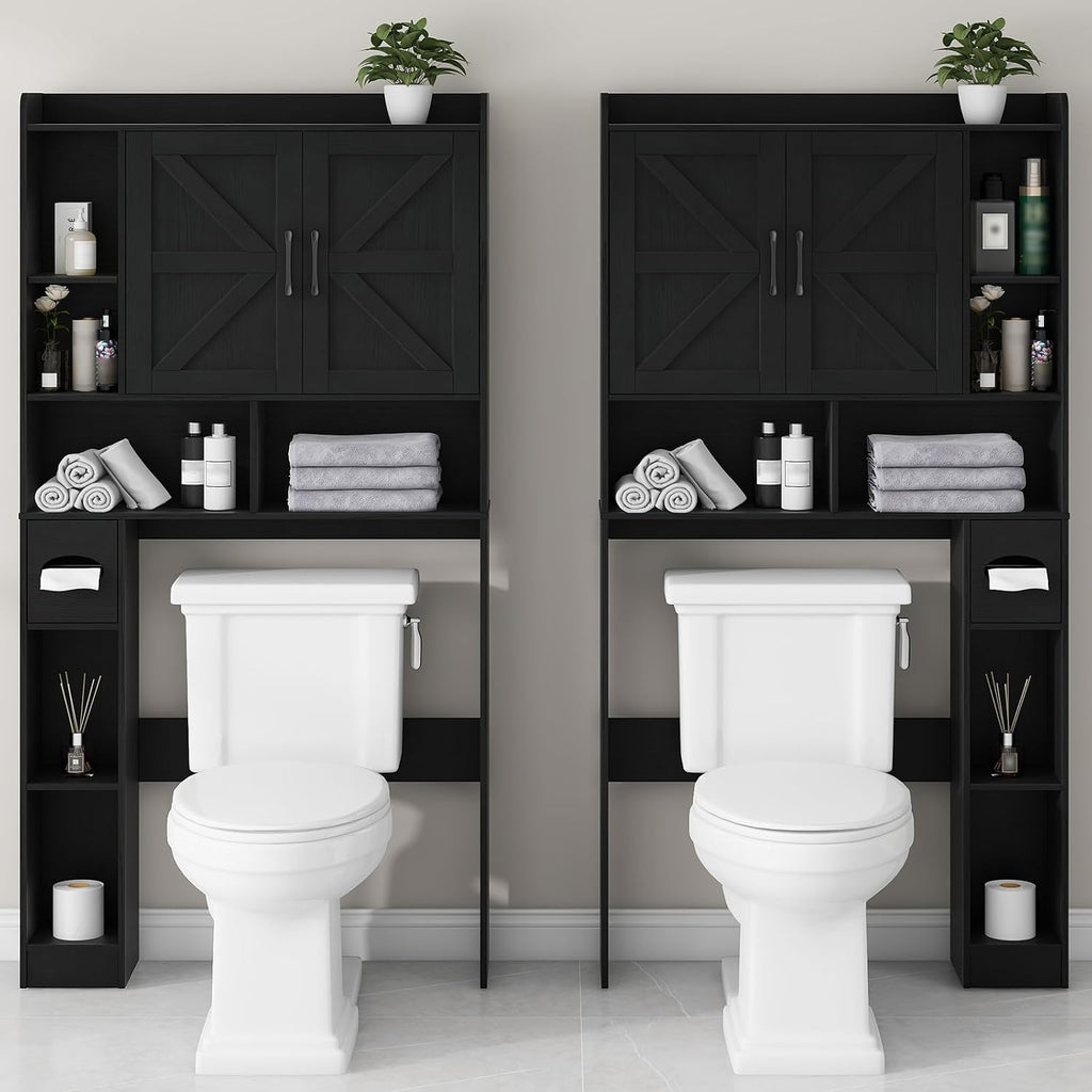 Vabches Over The Toilet Storage Cabinet, Farmhouse Storage Cabinet Over Toilet with 2 Barn Door & Toilet Paper Holder Stand, Home Space-Saving Toilet Rack, for Bathroom, Restroom (Black)