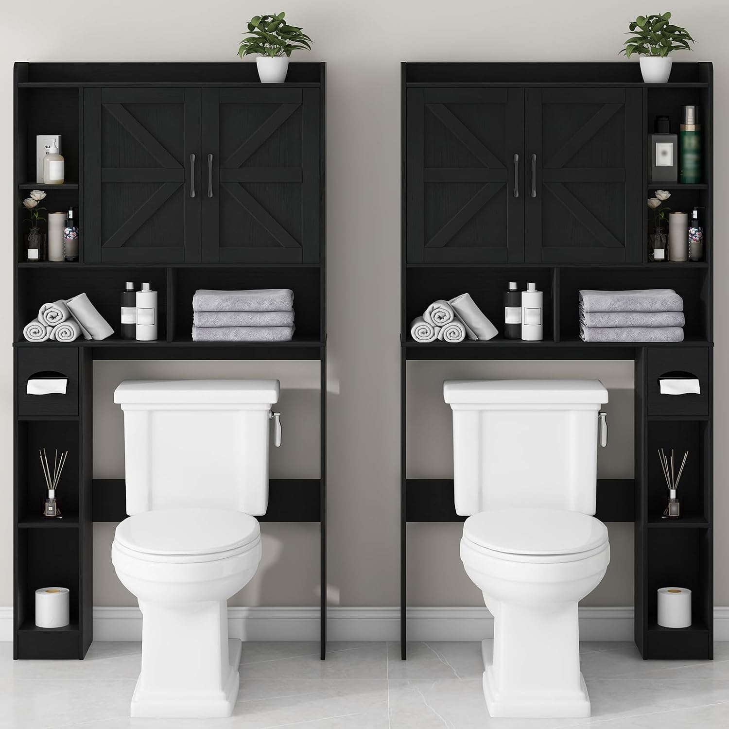 Vabches Over The Toilet Storage Cabinet, Farmhouse Storage Cabinet Over Toilet with 2 Barn Door & Toilet Paper Holder Stand, Home Space-Saving Toilet Rack, for Bathroom, Restroom (Black)
