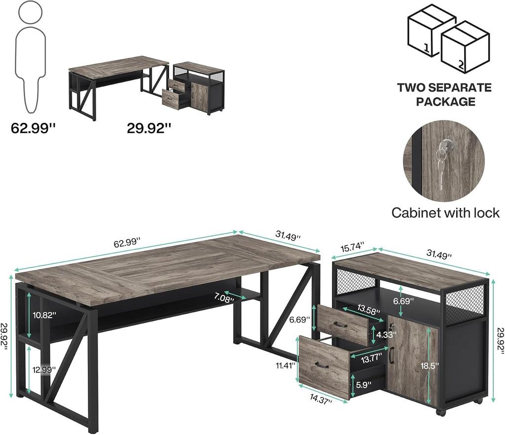 Tribesigns L Shaped Desk with Drawer Cabinet, 63' Executive Computer Desk and lateral File Cabinet, 2 Piece Home Office Furniture with Drawers for Hanging File, Doors with Locks (Gray, 63 inches)