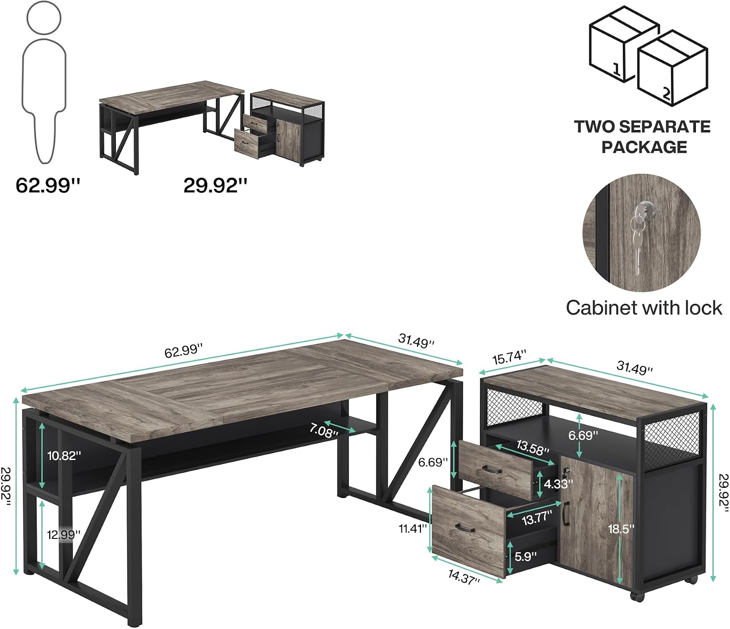 Tribesigns L Shaped Desk with Drawer Cabinet, 63' Executive Computer Desk and lateral File Cabinet, 2 Piece Home Office Furniture with Drawers for Hanging File, Doors with Locks (Gray, 63 inches)
