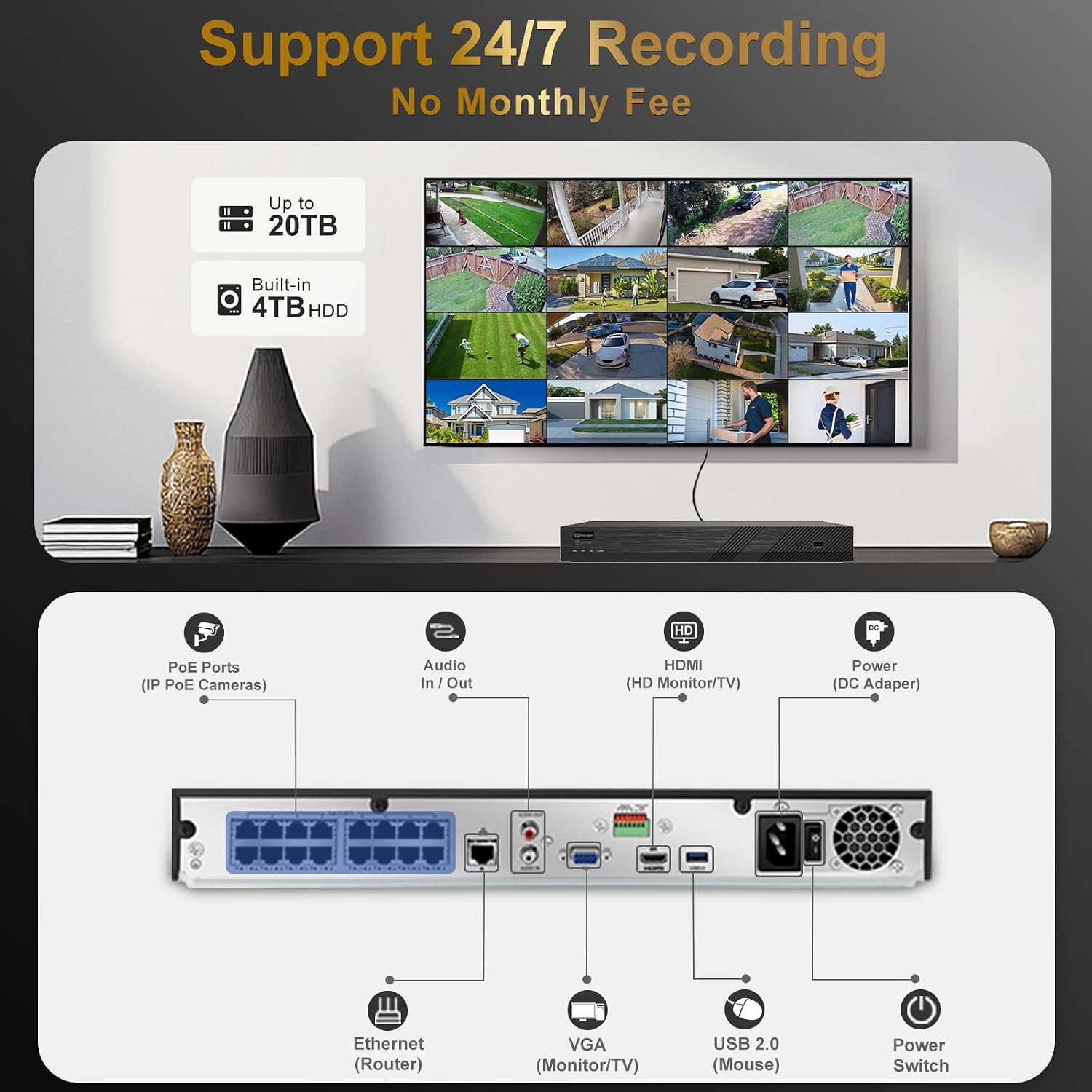 [Active Deterrent] - Anpviz 16 Channel 4K PoE Security Camera System with Two Way Audio, AI Human Vehicle Detection,12x 8MP Wired IP Turret Cameras Outdoor, 16CH 12MP PoE NVR with 4TB HDD for Business