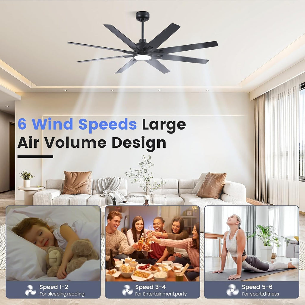 Newday 62 inch Large Ceiling Fans with Lights and Remote, Indoor/Outdoor Black Modern Ceiling Fan for Kitchen Living Room Patio, 6 Speed Reversible Quiet DC Motor, 3 CCT, Dual Finish 8 Blades