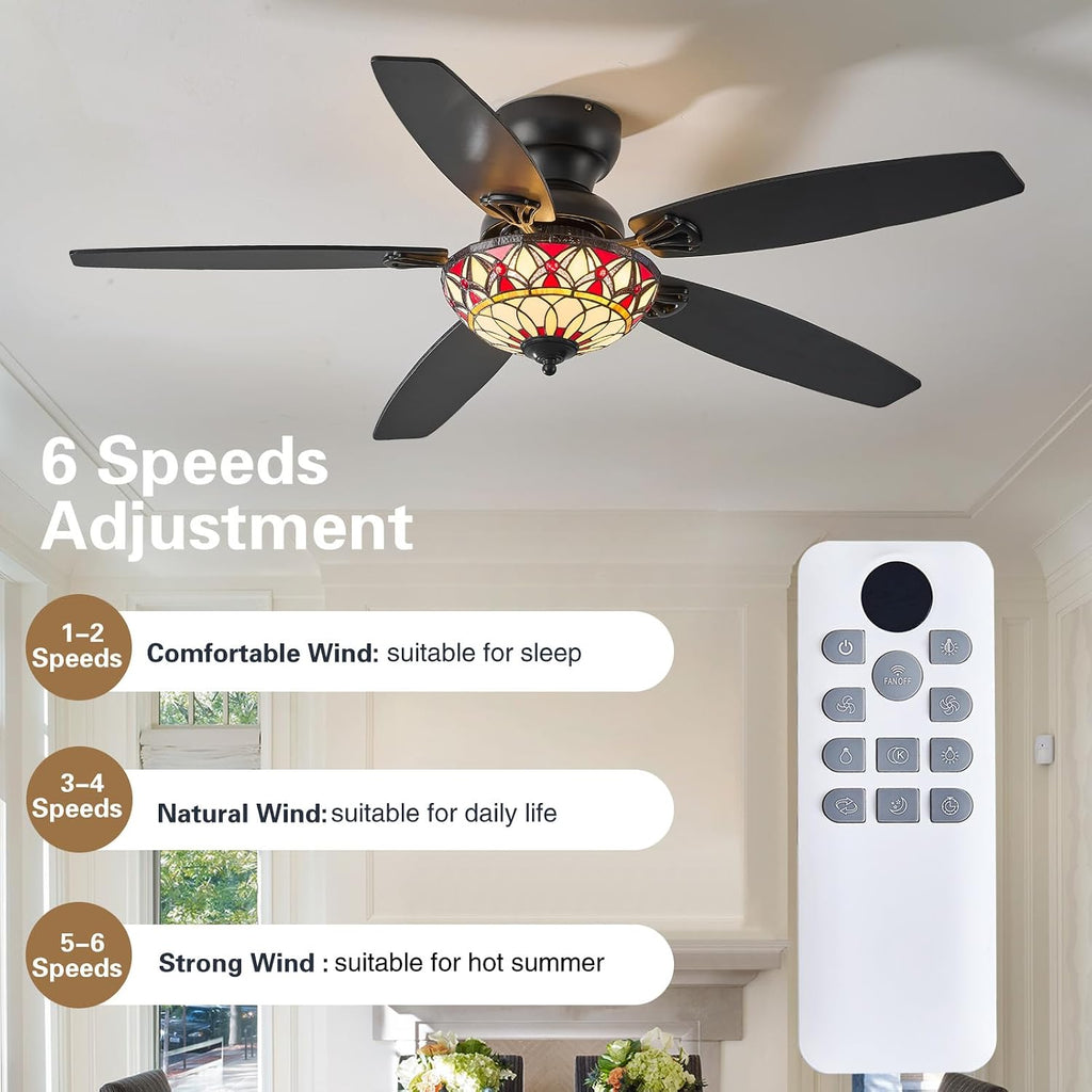 Tiffany Ceiling Fans with Lights - 52' Ceiling Fan Chandelier with 5 Dual-Blades and Glass Shade, 6 Speeds and Reversible, Indoor and Outdoor, Retro Style