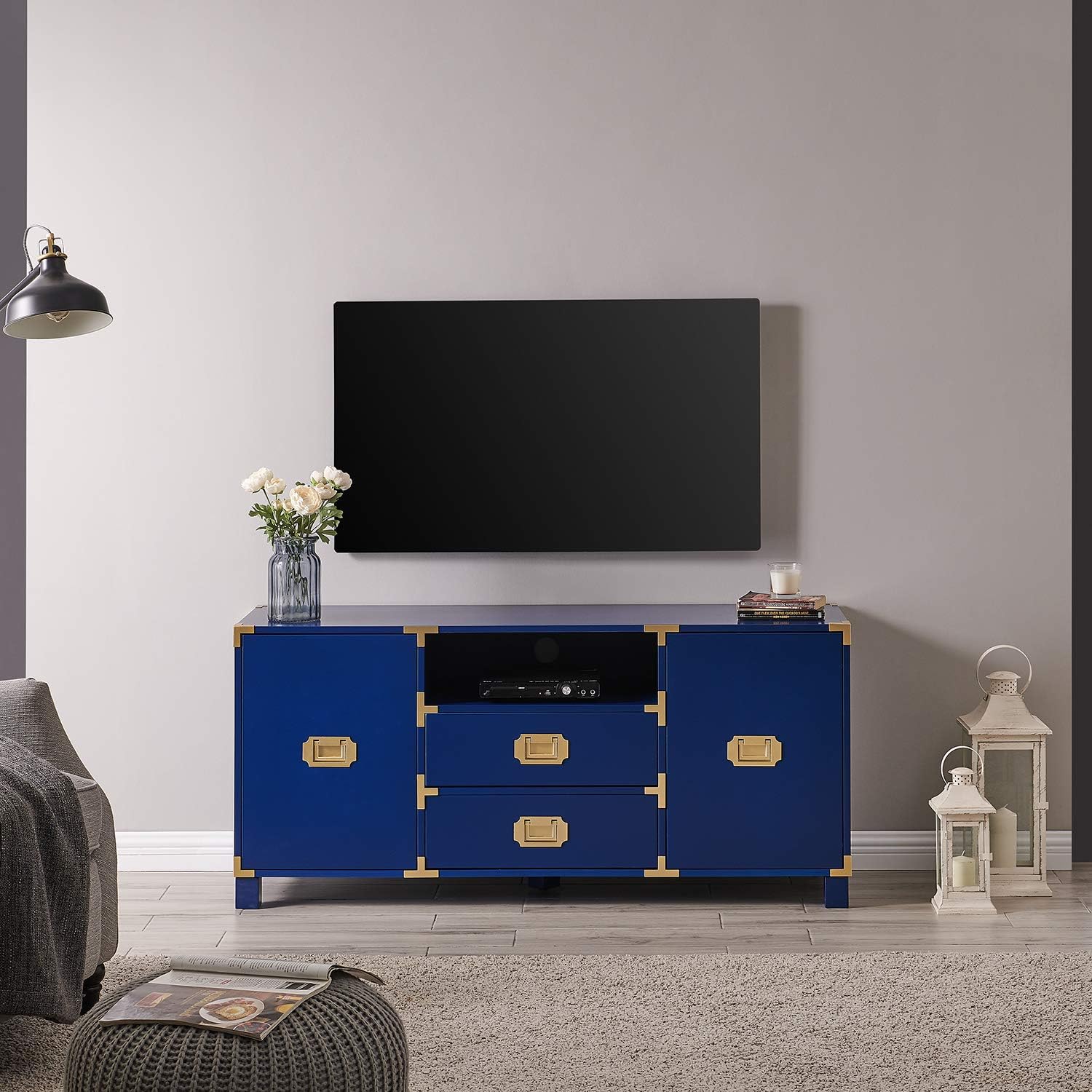 SEI Furniture - Campaign Entertainment Center Console - Navy - Transitional Design, Blue Finish - Ideal for Living Room, Family Room (MS3212)