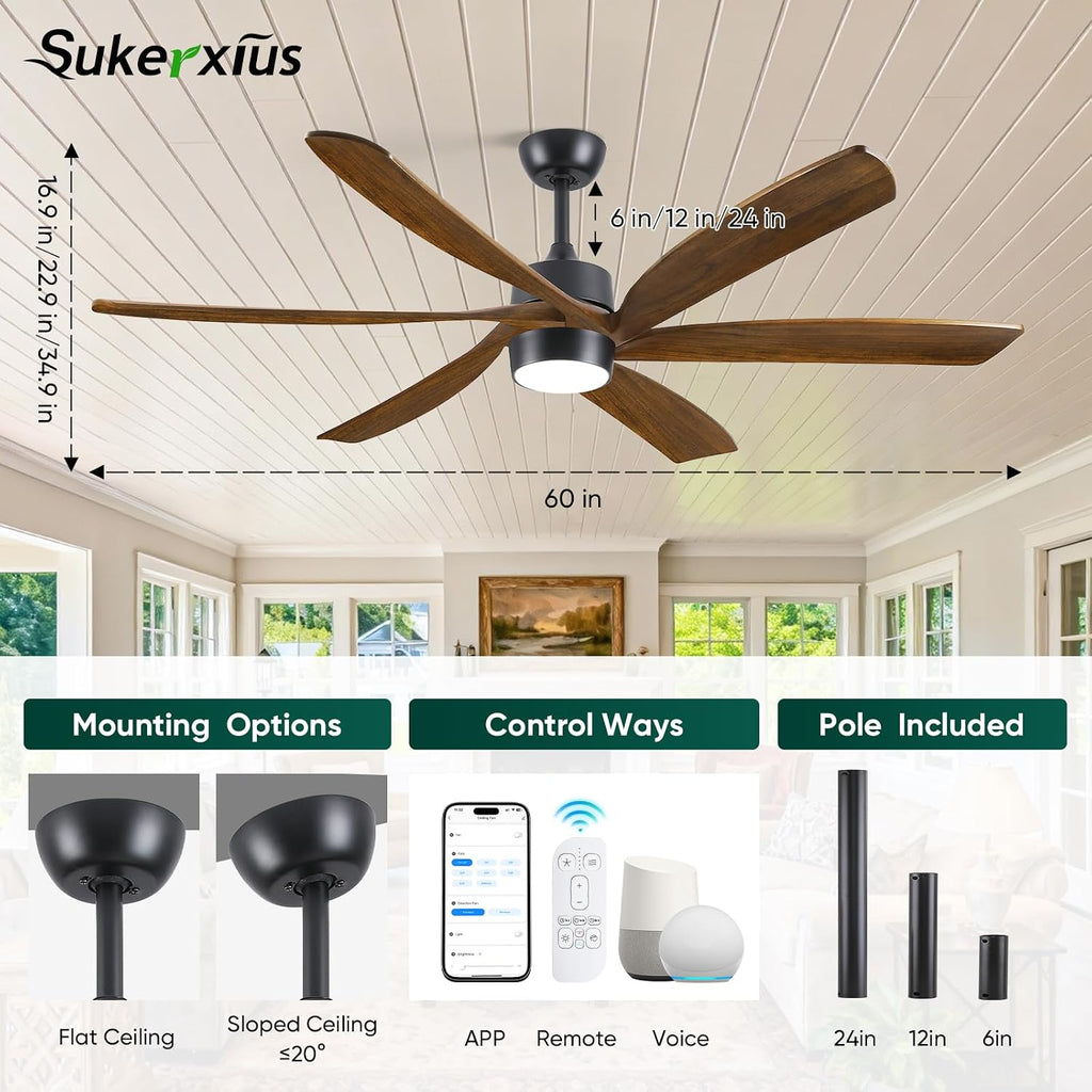 60 Inch Outdoor Smart Ceiling Fan with Light, Alexa/App/Remote Control, Modern Farmhouse Style, High CFM Quiet DC Motor, 6 Solid Wood Blades Damp Rated, for Indoor Living Room Exterior Patio