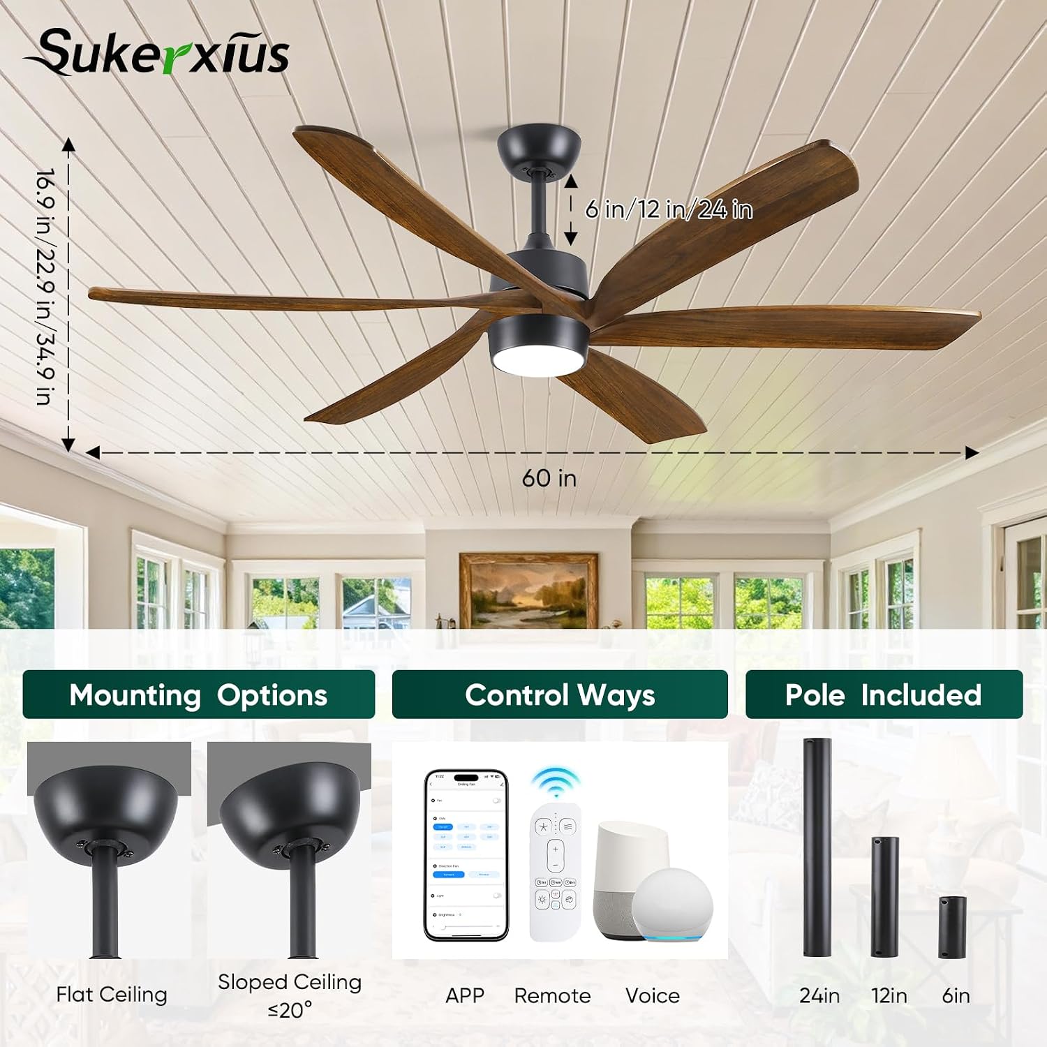 60 Inch Outdoor Smart Ceiling Fan with Light, Alexa/App/Remote Control, Modern Farmhouse Style, High CFM Quiet DC Motor, 6 Solid Wood Blades Damp Rated, for Indoor Living Room Exterior Patio