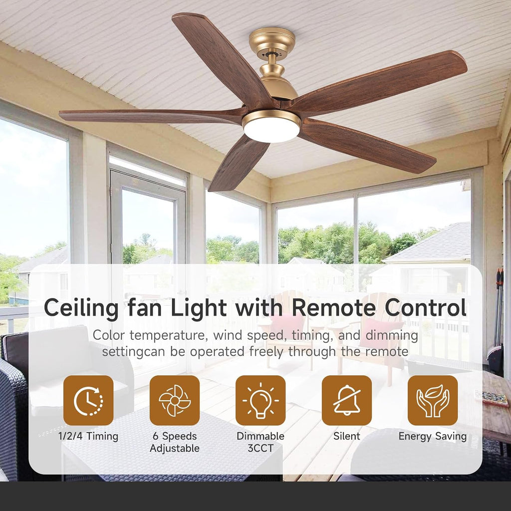 52 Inch Ceiling Fan with Light and Remote Control, Damp Rated Outdoor Fan for Patios, 5 Wood Bladesd and 3 Gold Downrods, 6-Speed Wind, Reversible DC Fan for Modern Farmhouse Office