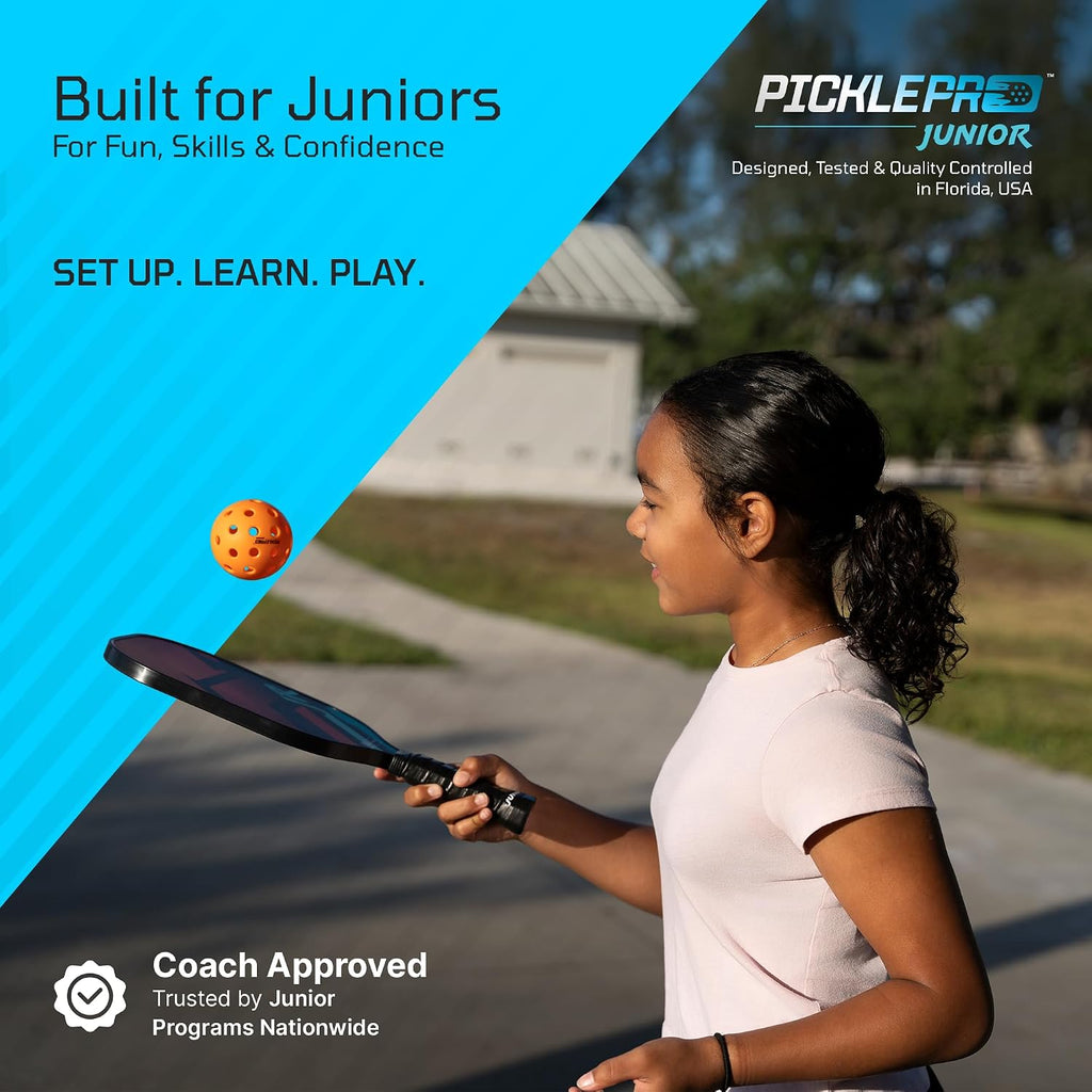 PicklePro Junior - Lab Tested 6+ Complete Pickleball Set with 10ft Net – Includes 4 Junior Paddles, Balls & Bag – USAP Approved Beginner Pickleball Kit