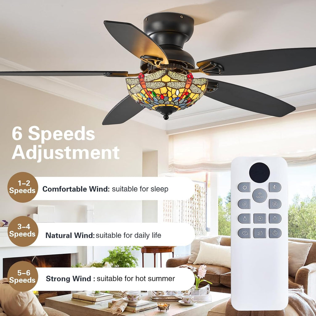 Tiffany Ceiling Fans with Lights - 48' Ceiling Fan Chandelier with 5 Dual-Blades and Glass Shade, 6 Speeds and Reversible, Indoor and Outdoor, Retro Style