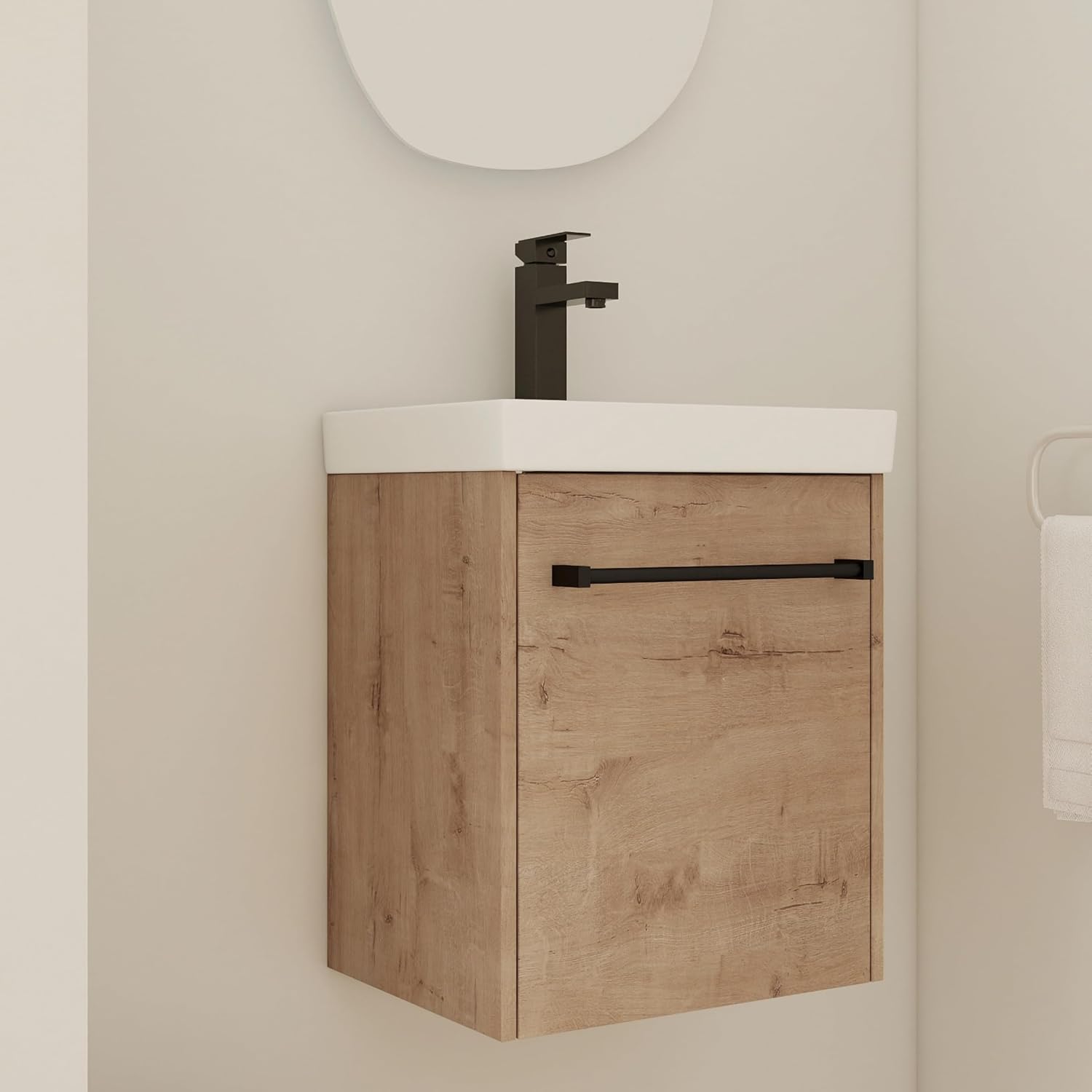 Glemab 17.31' Floating Wall-Mounted Bathroom Vanity, Bathroom Vanity with Ceramic Sink, Soft-Close Cabinet Door, Wall-Mounted Storage Cabinet with Ceramic Sink, Oak
