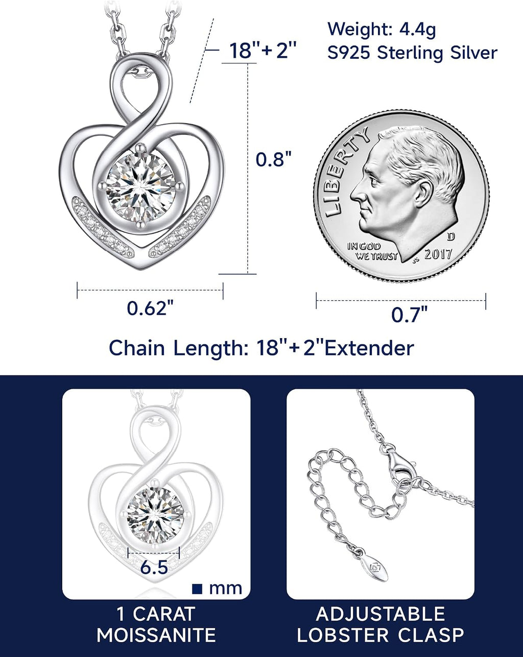 MomentWish Heart Necklace for Women, Jewelry Gifts for Her, D Color VVS1 Moissanite Necklace in 925 Sterling Silver, Infinity Pendent for Birthday Anniversary Mother's Day