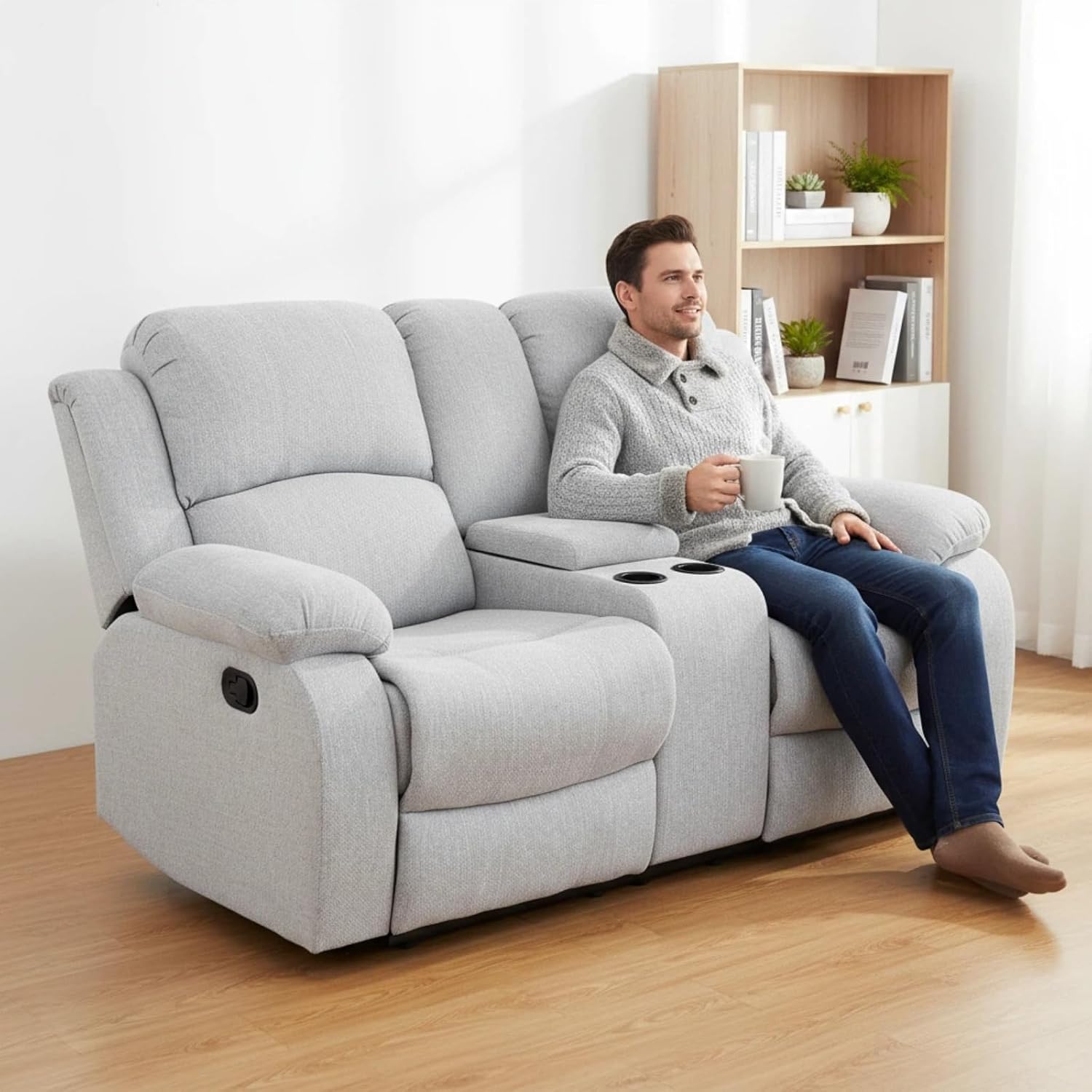Manual Recliner Sofa Set, Linen Reclining Living Room Furniture Set, Adjustable Backrest Reclining Loveseat Sofa and a 3 Seater Couch Furniture Set for Living Room, Home Theater, White Grey