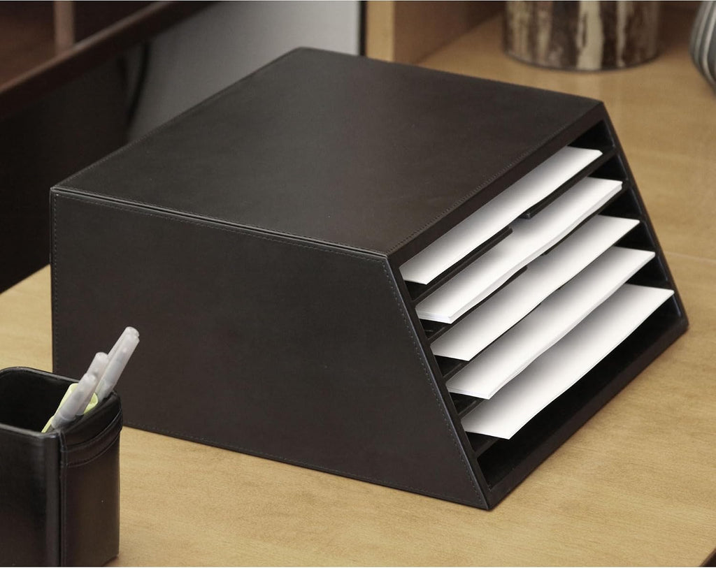 Dacasso Classic Black Leather Vertical Letter Sorter & Paper Organizer for Desk - Executive Decor & Office Organization Essential