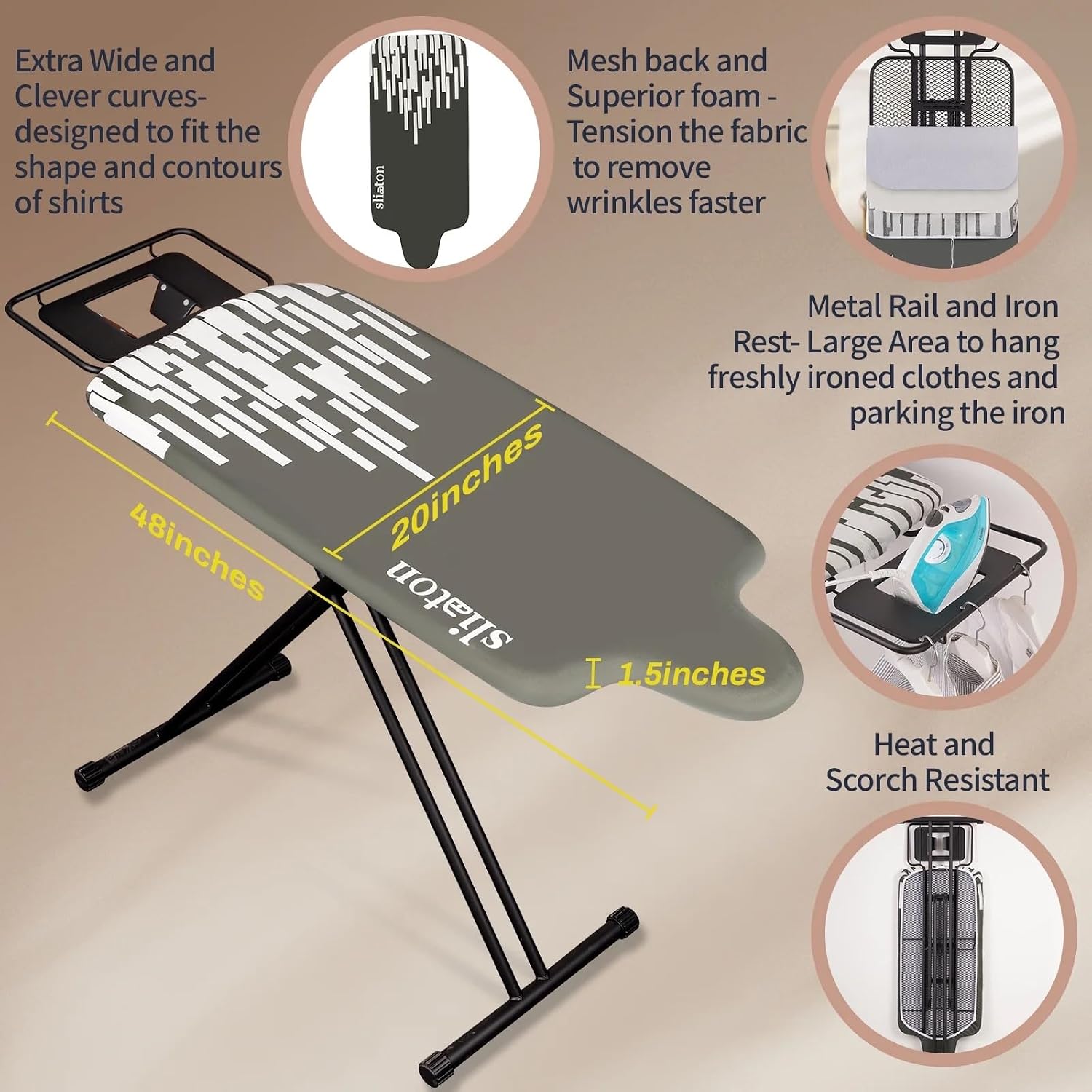 Extra Large Ironing Board with Large Hang Rail and Iron Rest in 63' L x 20' W (with Iron Rest)