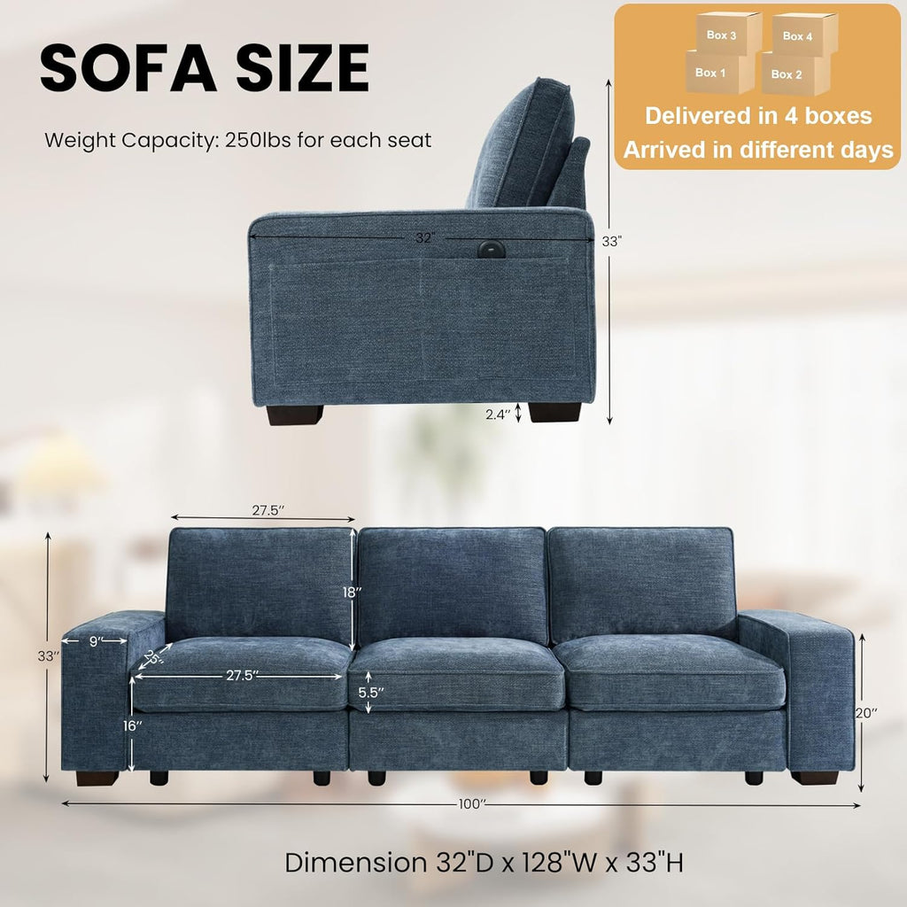 TEKAMON 100' Modular Sofa with Seats Storage, Comfy 3-Seater Chenille Fabric Couch for Living Room, Office, Apart W/Deep Seat, USB Charging, Upholstered Couch with Removable Cover (Blue)