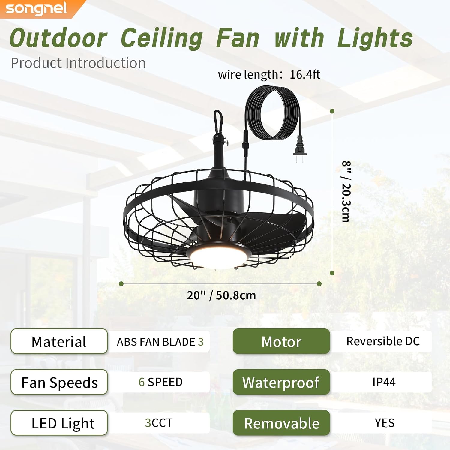 20' Outdoor Ceiling Fan with Lights,Waterproof Hanging Fan with Remote Control, Plug in Caged Ceiling Fan with 6-Speeds(Black)