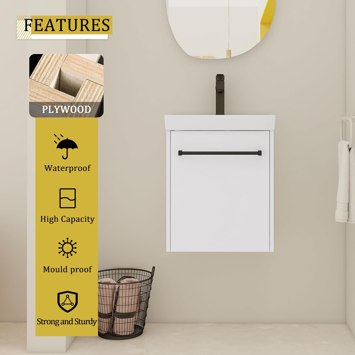 Glemab 17.31' Floating Wall-Mounted Bathroom Vanity, Wall-Mounted Storage Cabinet with Ceramic Sink, Soft-Close Cabinet Door, Bathroom Vanity with Ceramic Sink, White