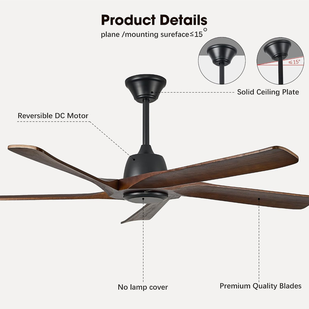 60 Inch Solid Wood Ceiling Fan No Lights, Remote and APP Control, DC Motor, 6-speed Reversible, Outdoor Ceiling Fans for Bedroom, Living Room, Office, Dark Walnut