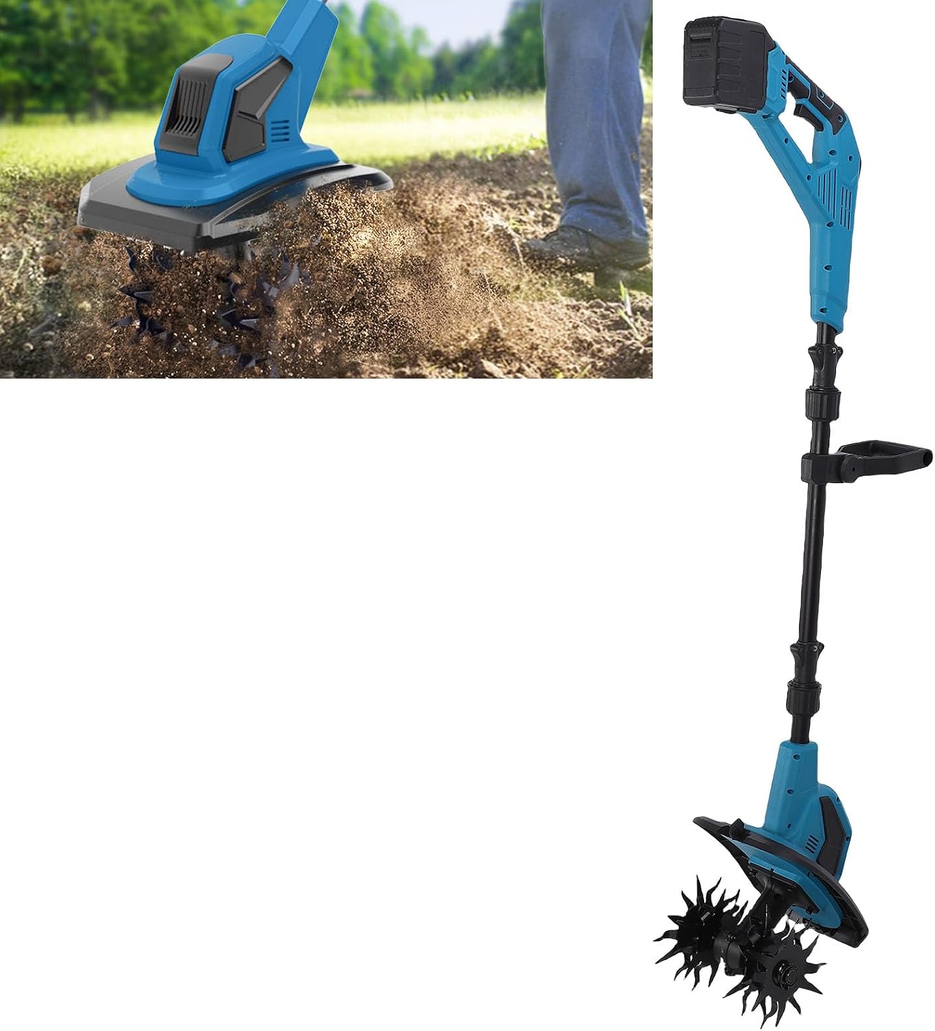 Cordless Electric Tiller Cultivator Garden Tiller 360RPM Powerful Motor 6Ah Battery Lightweight Ergonomic Design Adjustable Handle for Gardening Planting Cultivating (US Plug)