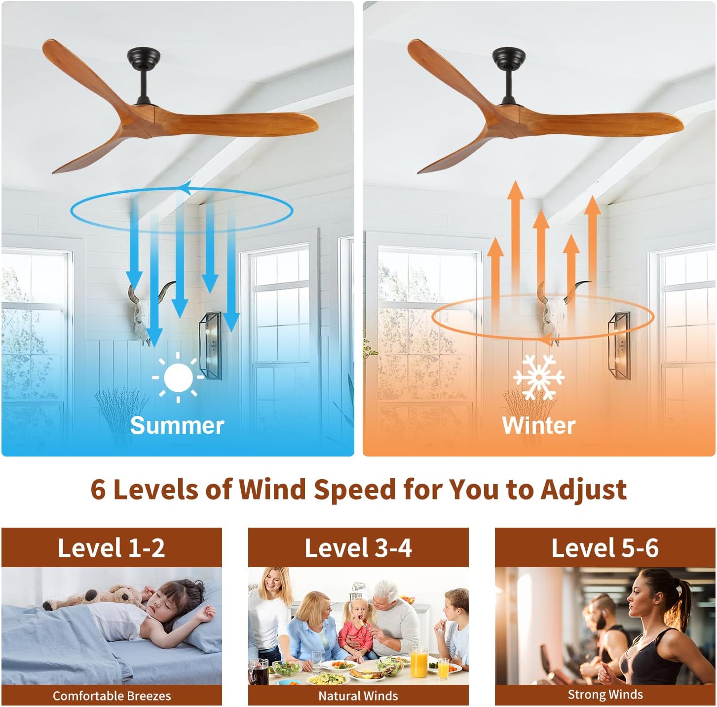 Ceiling Fan No Light 60 Inch Wood Ceiling Fans Without Lights for Bedroom Living Room Indoor Outdoor Outside Reversible ETL DC Motor Ceiling Fan for Angled Sloped Ceiling