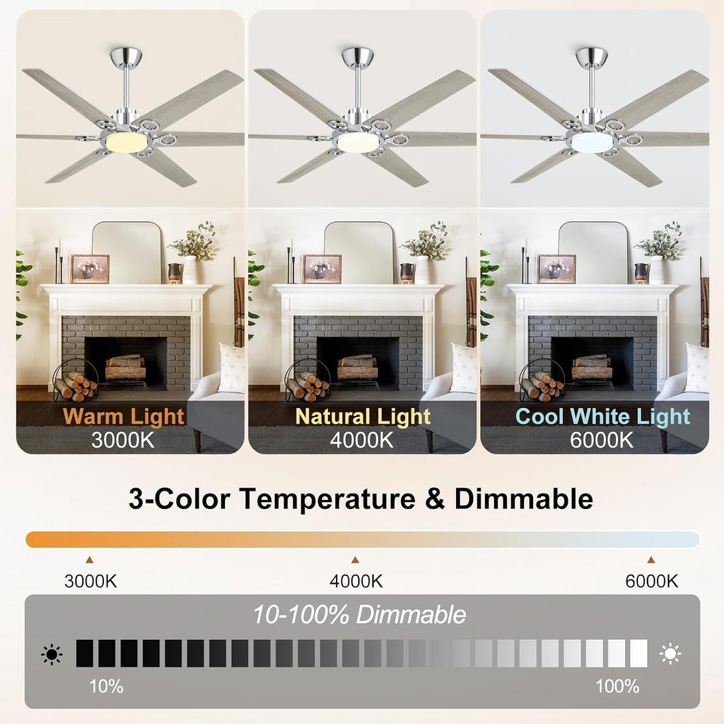 WINGBO Ceiling Fan with Lights - 64 inch Ceiling Fan with Remote,3CCT, Dimmable Light,6 Blades Modern Ceiling Fan, 6-Speed Noiseless Powerful DC Motor, ETL Listed, Indoor/Outdoor, Chromium + Grey