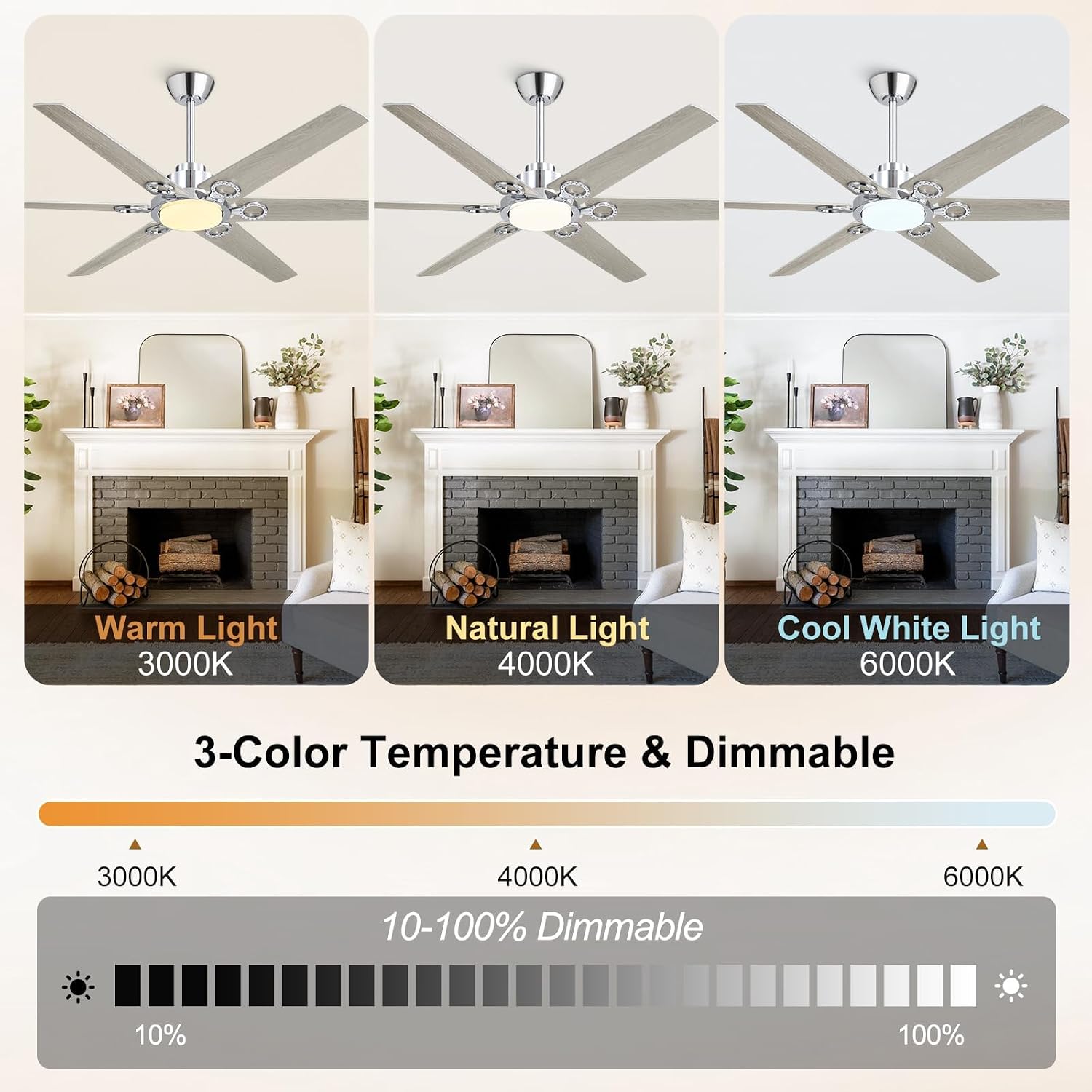 WINGBO Ceiling Fan with Lights - 64 inch Ceiling Fan with Remote,3CCT, Dimmable Light,6 Blades Modern Ceiling Fan, 6-Speed Noiseless Powerful DC Motor, ETL Listed, Indoor/Outdoor, Chromium + Grey