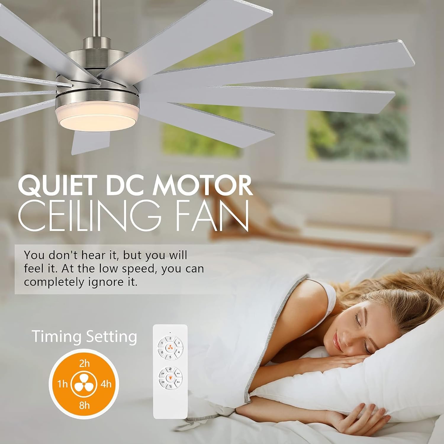 LEDLUX 64' Ceiling Fan with Light Silver, 6-Speed Remote Control, Reversible DC Motor, Modern 9 Blades with 4.5'/12' Downrods for Home or Commercial, Living Room/Restaurant