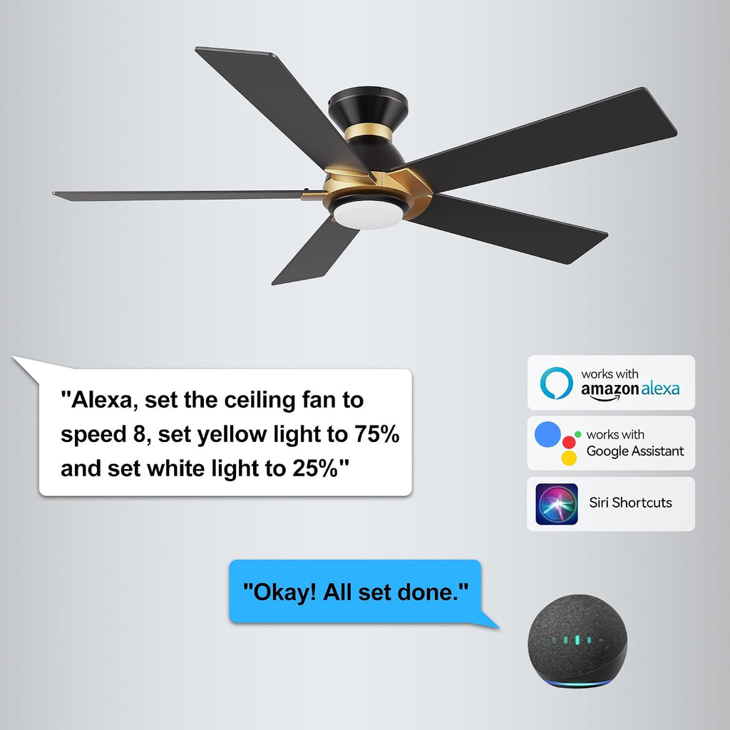 CEME Smart 52' Ceiling Fans with Lights Flush Mount, 3 Light Colors Dimmable, 10 Speeds DC Ceiling Fan with Remote, Outdoor Ceiling Fan Compatible with Alexa, Siri & Google Home, Black Gold