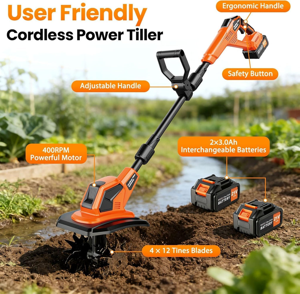 20V Cordlees Tiller Cultivator for Gardening, 400RPM Brushless Electric Garden Tiller Battery Powered((2*3.0Ah Battery&Charger), 9.5'Width 7'Depth, Garden Rototiller for Yard/Lawn/Soil Tiller (Orange)