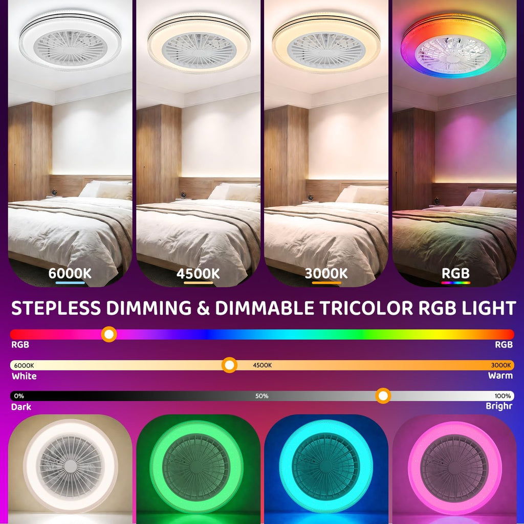 Ceiling Fans with Lights Fandelier Caged Low Profile Smart Ceiling Fan Light 2700K-6500K, Flush Mount Fan Light with Remote/APP Control for Bedroom Dining Area Garage (White+RGB)