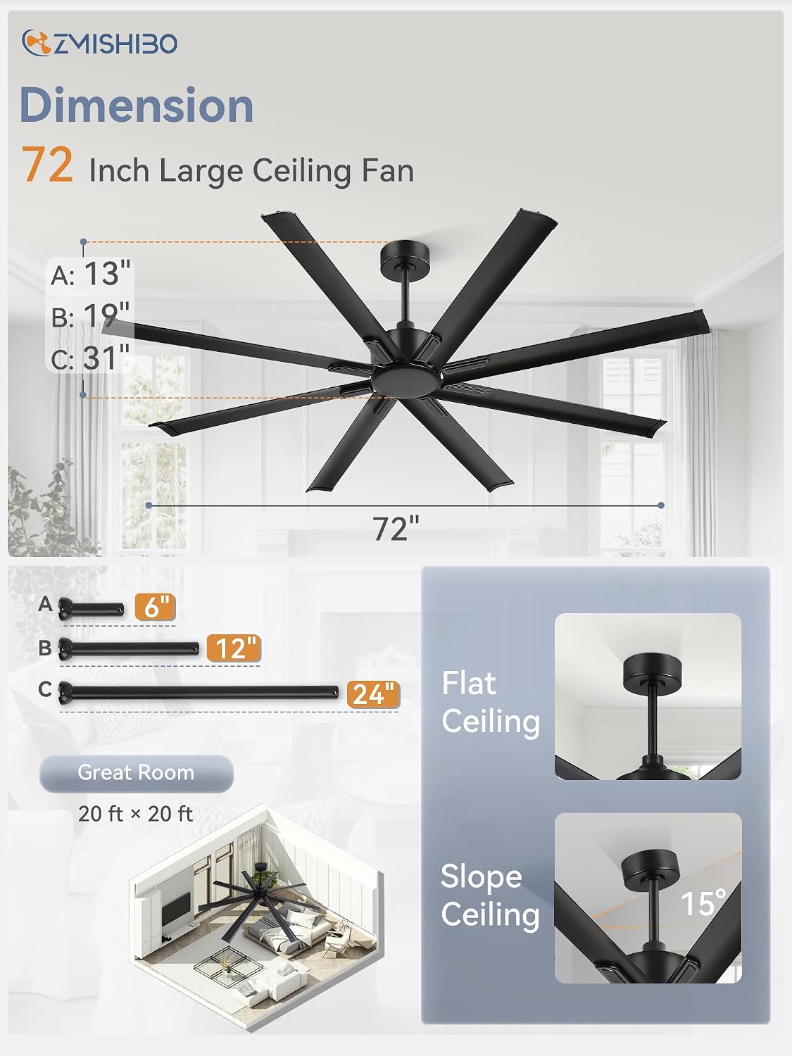 ZMISHIBO 72 Inch Ceiling Fan No Light, Large Black Ceiling Fan with Remote, Quiet DC Motor, and 6 Speeds, Indoor/Outdoor Industrial Ceiling Fans 8 Aluminum Blades for Patio, Garage, Shop, Black