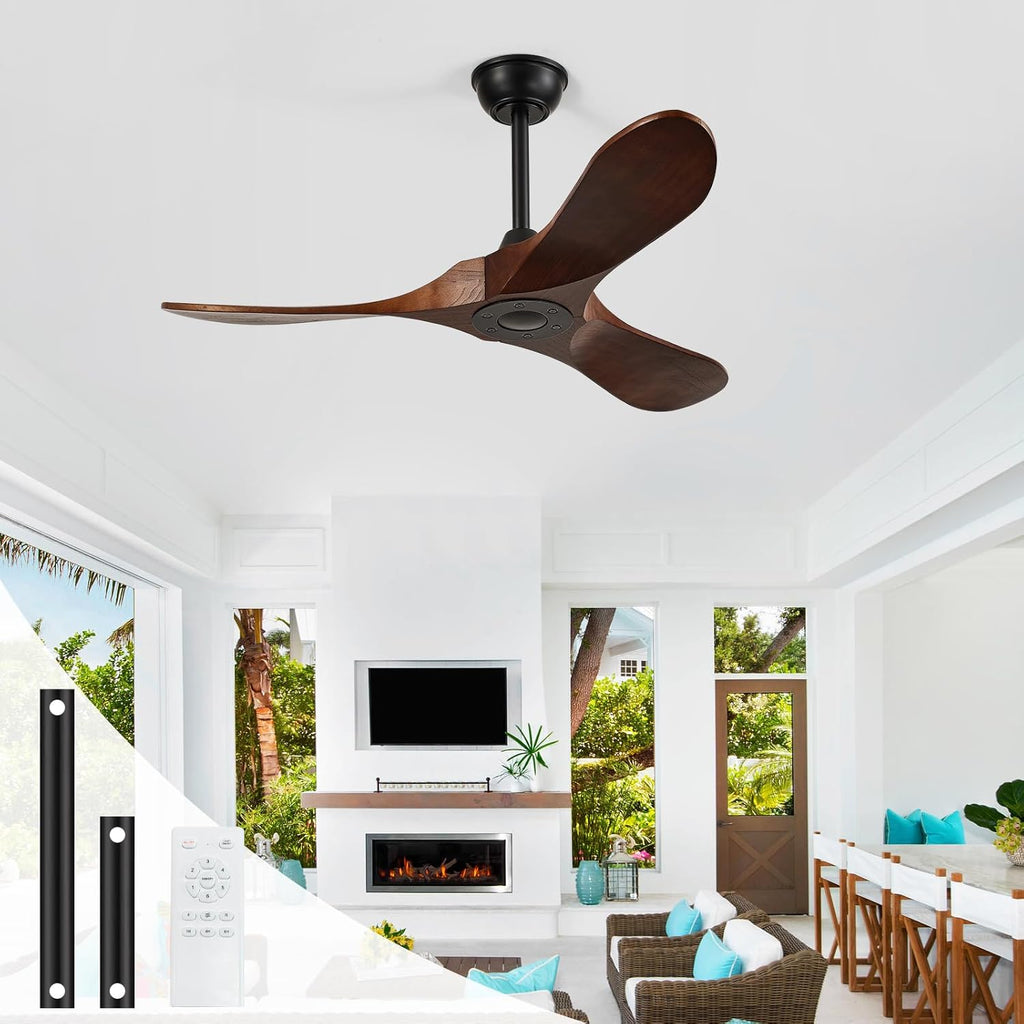 42-Inch Wood Ceiling Fan without Light,Quiet and Large Airflow,Speed Memory,2 Down Rods,Small Ceiling Fan for Bedroom,Patios,Garage (Dark Walnut, 42 inch)