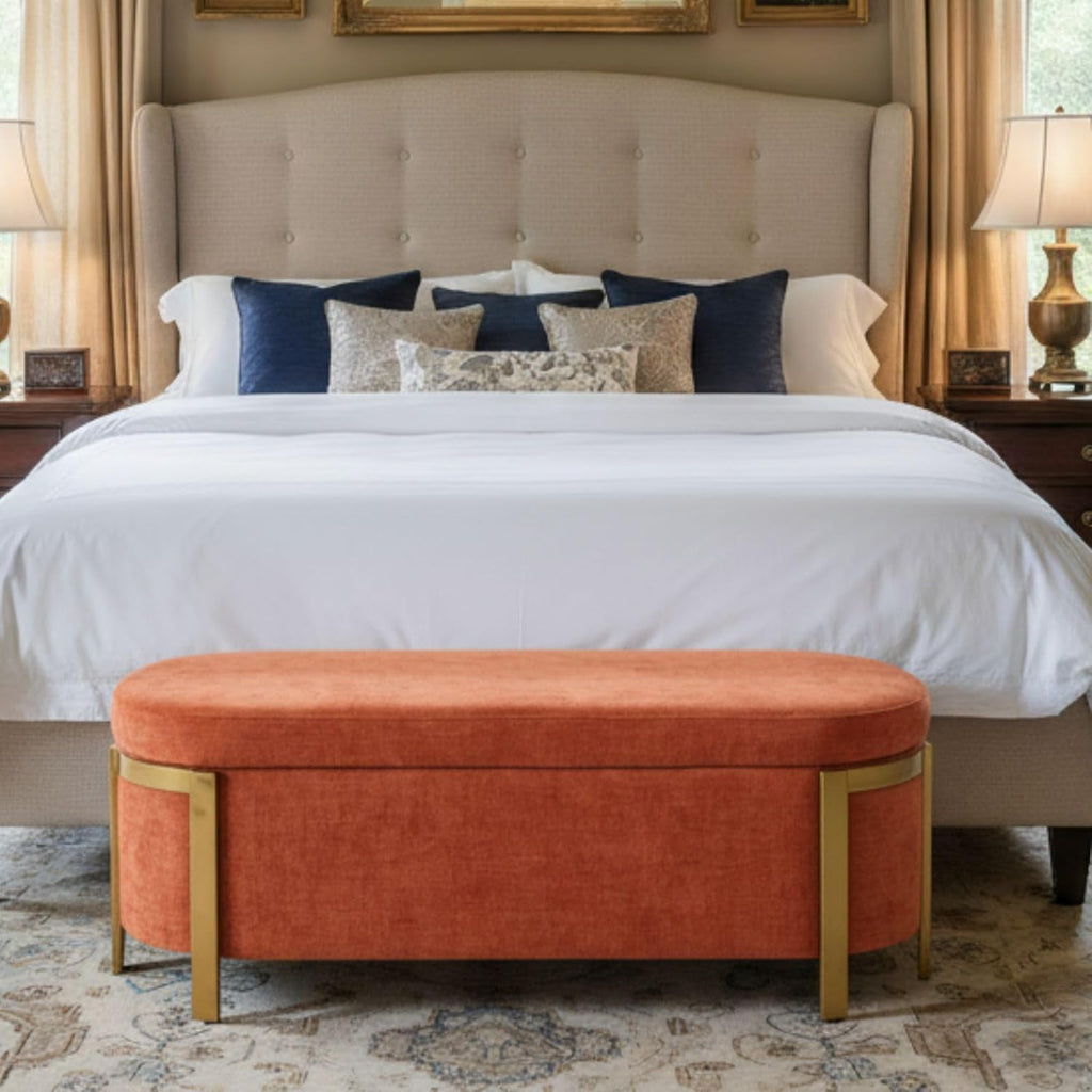 Hyfirm 48' Burnt Orange Storage Ottoman Bench – Oval Upholstered Stool with Gold Legs & Padded Seat, Long Settee for Living Room, Bedroom, End of Bed, Entryway, Hallway