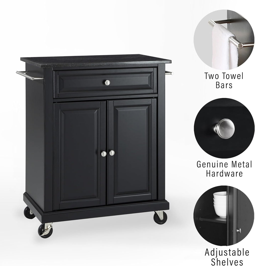 Crosley Furniture Compact Granite Top Small Rolling Cart with Shelves, Microwave Stand with Towel Rack, Black