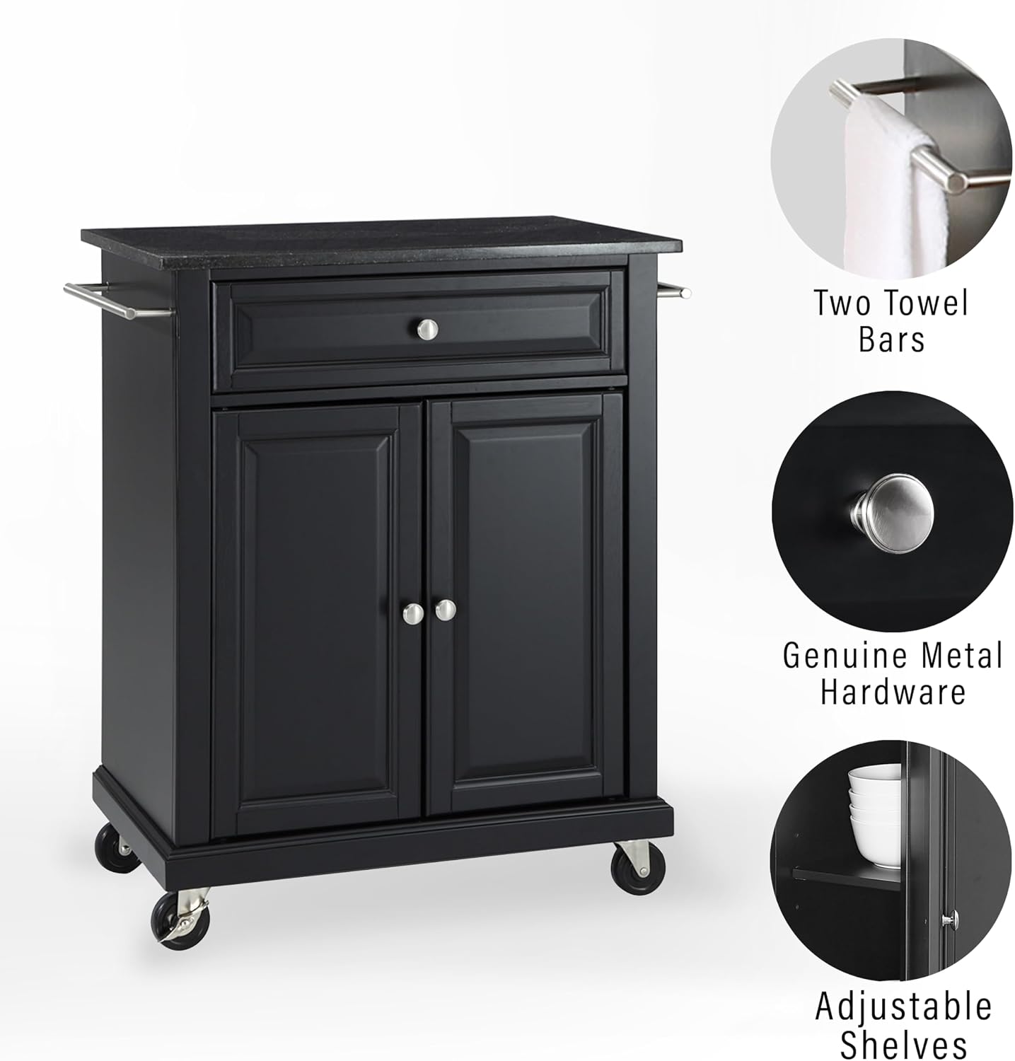 Crosley Furniture Compact Granite Top Small Rolling Cart with Shelves, Microwave Stand with Towel Rack, Black