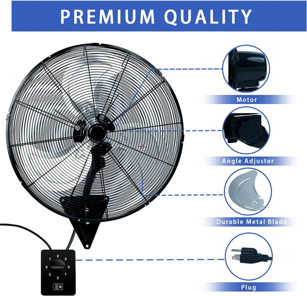 24' Wall Mount Fan, 8500CFM Heavy Duty Wall Fan with 3-Speed & Adjustable Tilt, High Velocity Industrial Oscillating Fans for Garage, Factory, Patio, Indoor, Porch, Shop & Commercial Use - ETL Listed