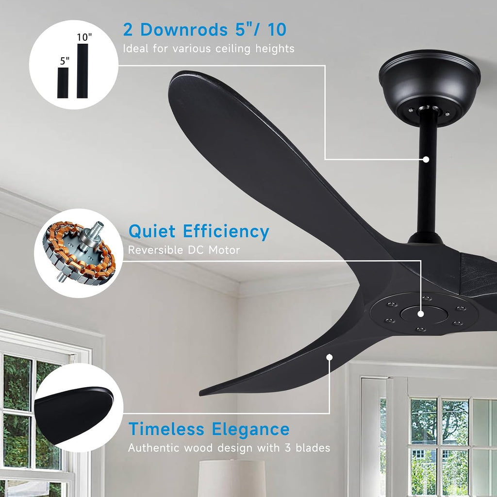 Bigzone 52' Outdoor/Indoor Black Ceiling Fans Without Lights with Remote Control, Energy Efficient DC Motor 27W, Smart Ceiling Fan With Reversible Blades