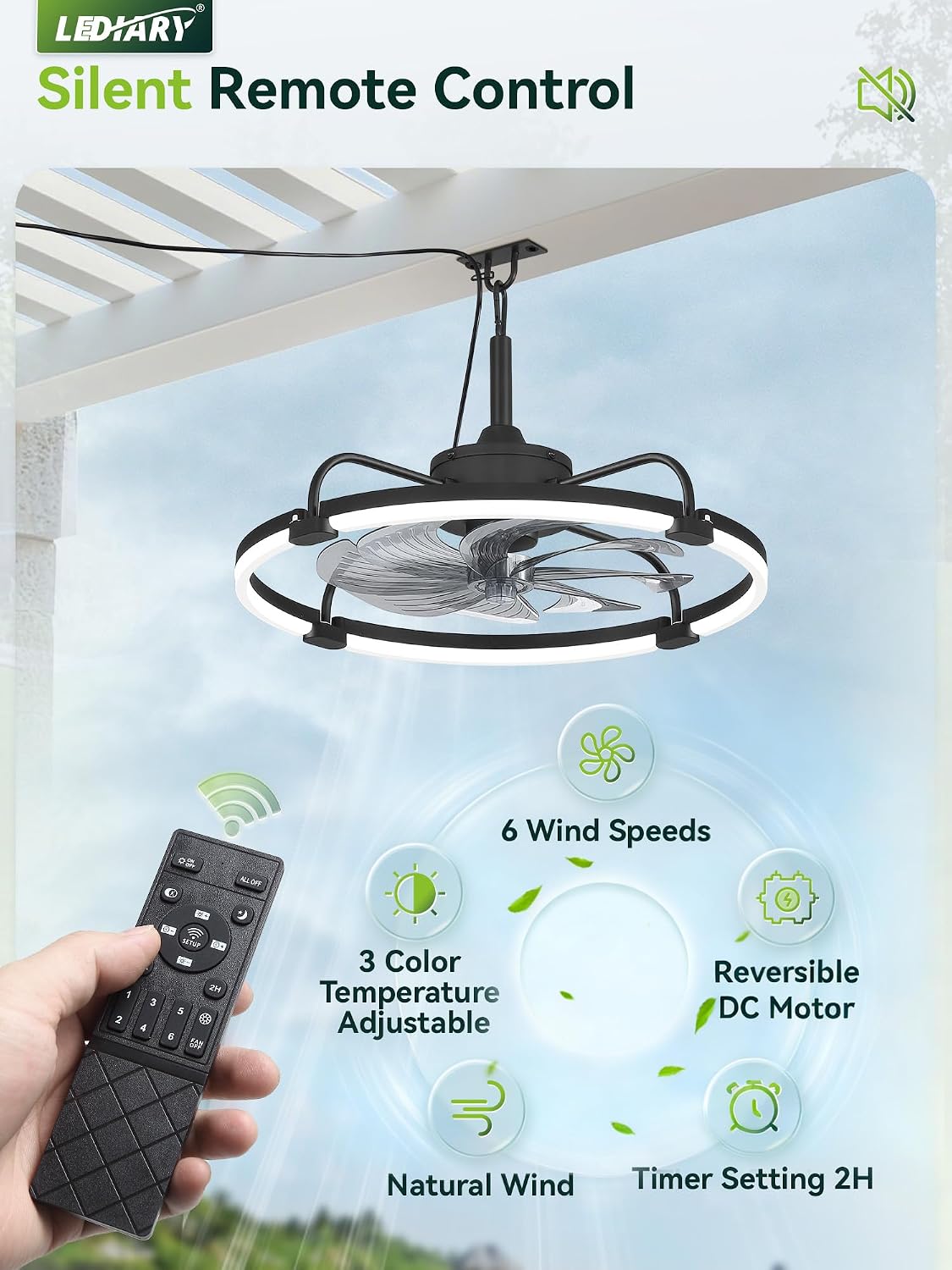 LEDIARY 24' Outdoor Ceiling Fans with Light for Patios, IP65 Waterproof Gazebo Fan, Plug-in Hanging Fan Remote&APP Control, 3CCT Dimmable, 6-Speeds, Caged Ceiling Fan for Gazebo,Patio,Pergola,Porch