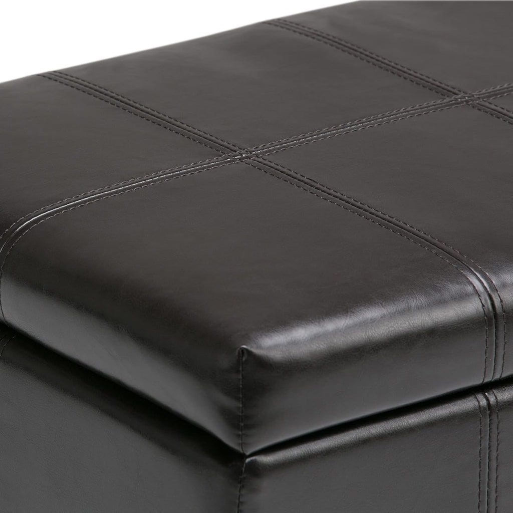 SIMPLIHOME Dover Storage Ottoman Bench - 36 inch Wide Upholstered Vegan Leather Rectangular Lift-Top Ottoman in Tanners Brown, Contemporary Bench for Living Room with Safety Hinges