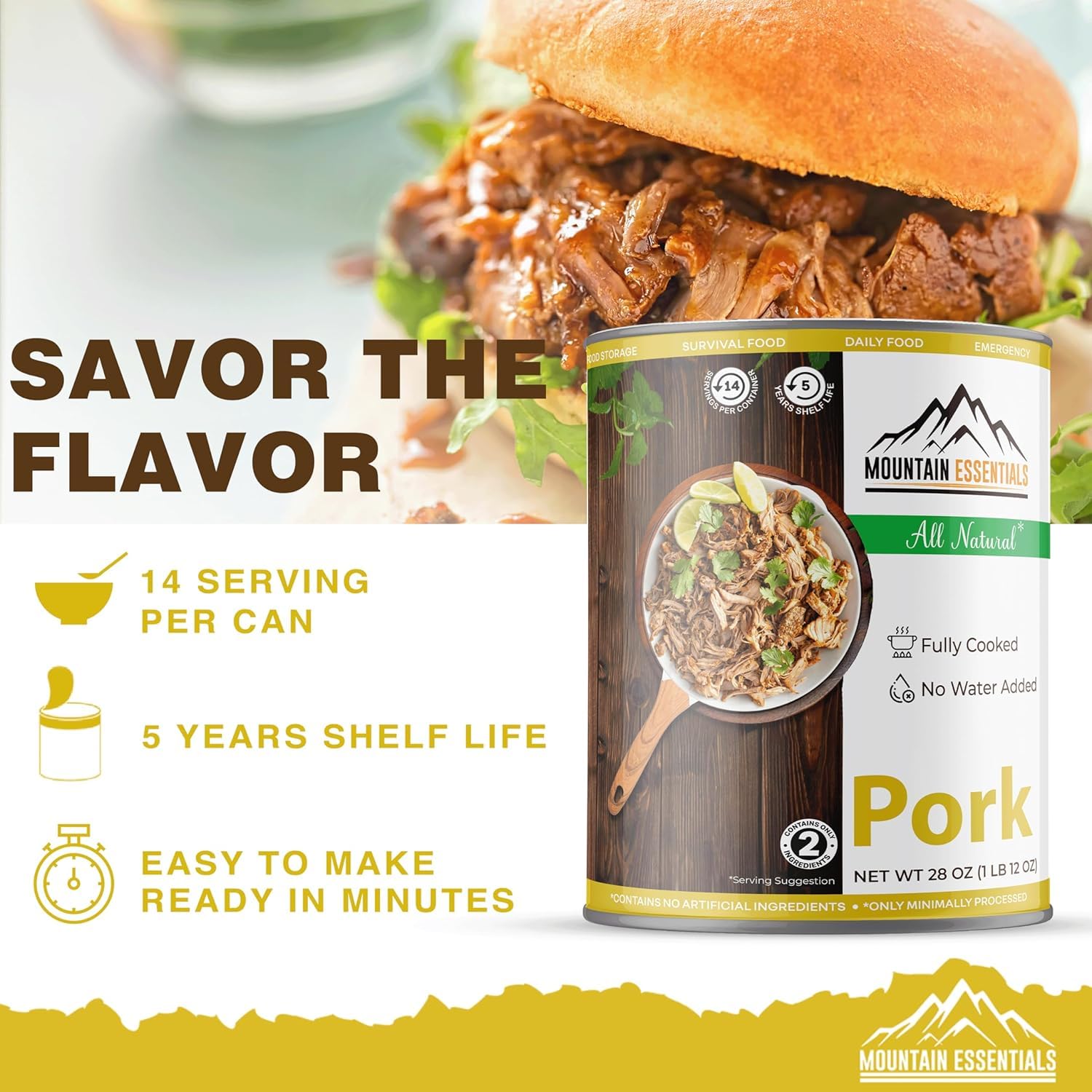 MOUNTAIN ESSENTIALS Canned Meat Sampler Pack 28 Oz – 1 Can Each of Chicken, Turkey, Pork, Beef & Ground Beef – Fully Cooked, Ready to Eat – Pantry Staples for Daily Use & Emergency Meals – 5 Cans