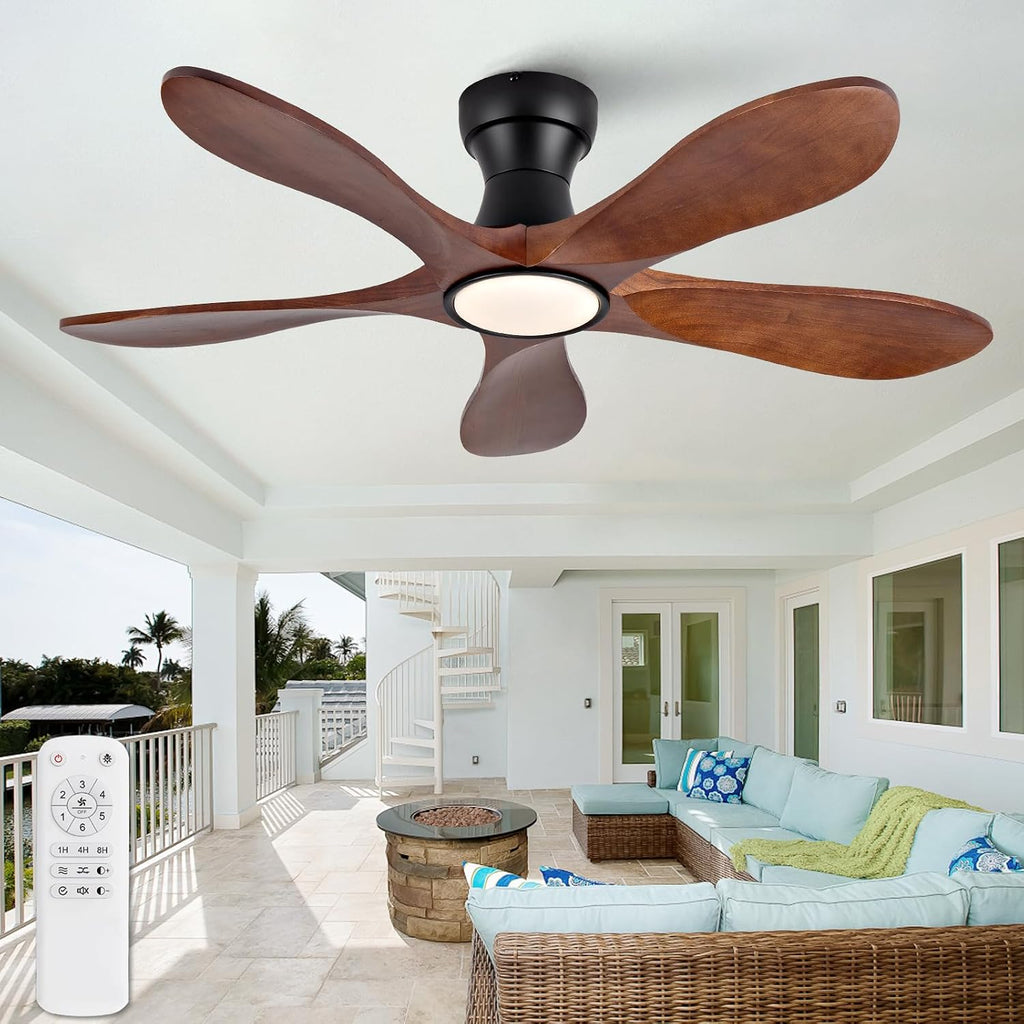 42 Inch Flush Mount Ceiling Fans with Lights and Remote, Dimmable 5 Blade Wood Outdoor Ceiling Fan Outdoor Fans for Patios Low Profile Modern Ceiling Fan with Light for Bedroom Living Room