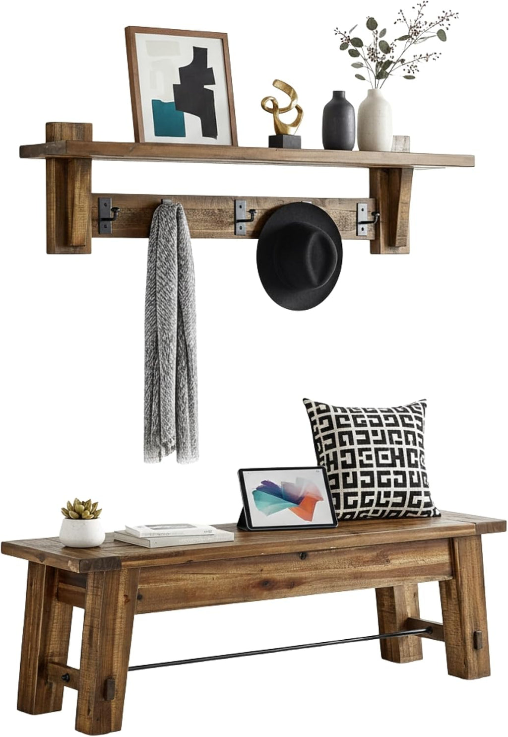 Durango 60-Inch Industrial Wood Coat Hook Shelf and Bench Set, Rustic Farmhouse Entryway Furniture with Metal Accents, 450 lbs Bench Capacity, Includes Cleat System for Easy Hanging