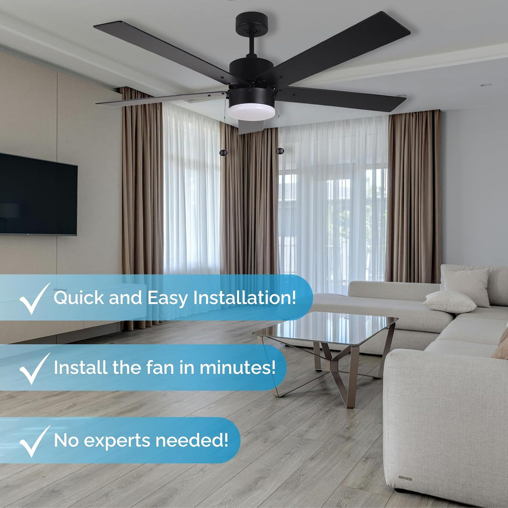 54 Inch Ceiling Fan with LED Light Matte Black Indoor/Outdoor Ceiling Fan with Pull Chain Dimmable 3-Color Temperature 3000K 4000K 5000K Reversible Motor for Bedroom Living Room Patio