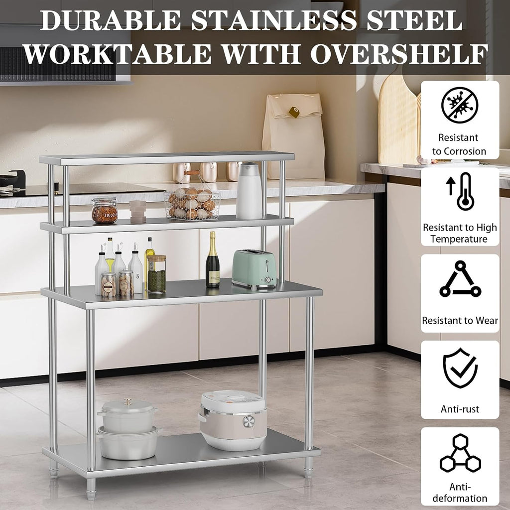 Garvee 48 in x24 in Stainless Steel Table with Shelves, Commercial Kitchen Prep Table with 2 Tier Overshelf, Heavy Duty Metal Worktable for Home Kitchen Restaurant Garage Warehouse