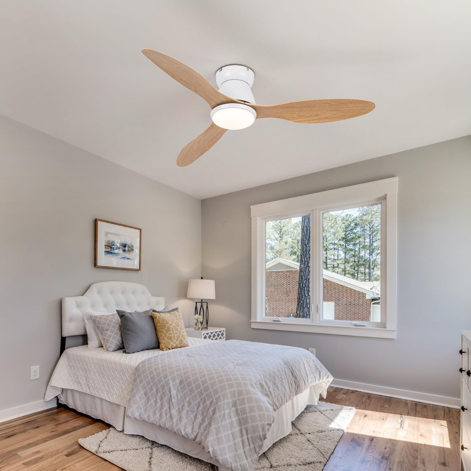 42' Smart Ceiling Fan with Lights - Alexa Compatible Quiet Dimmable LED 3000lm 6-Speed Reversible Ideal for Bedroom Kitchen & Living Room White Wood Grain Finish (White + Wood Grain)
