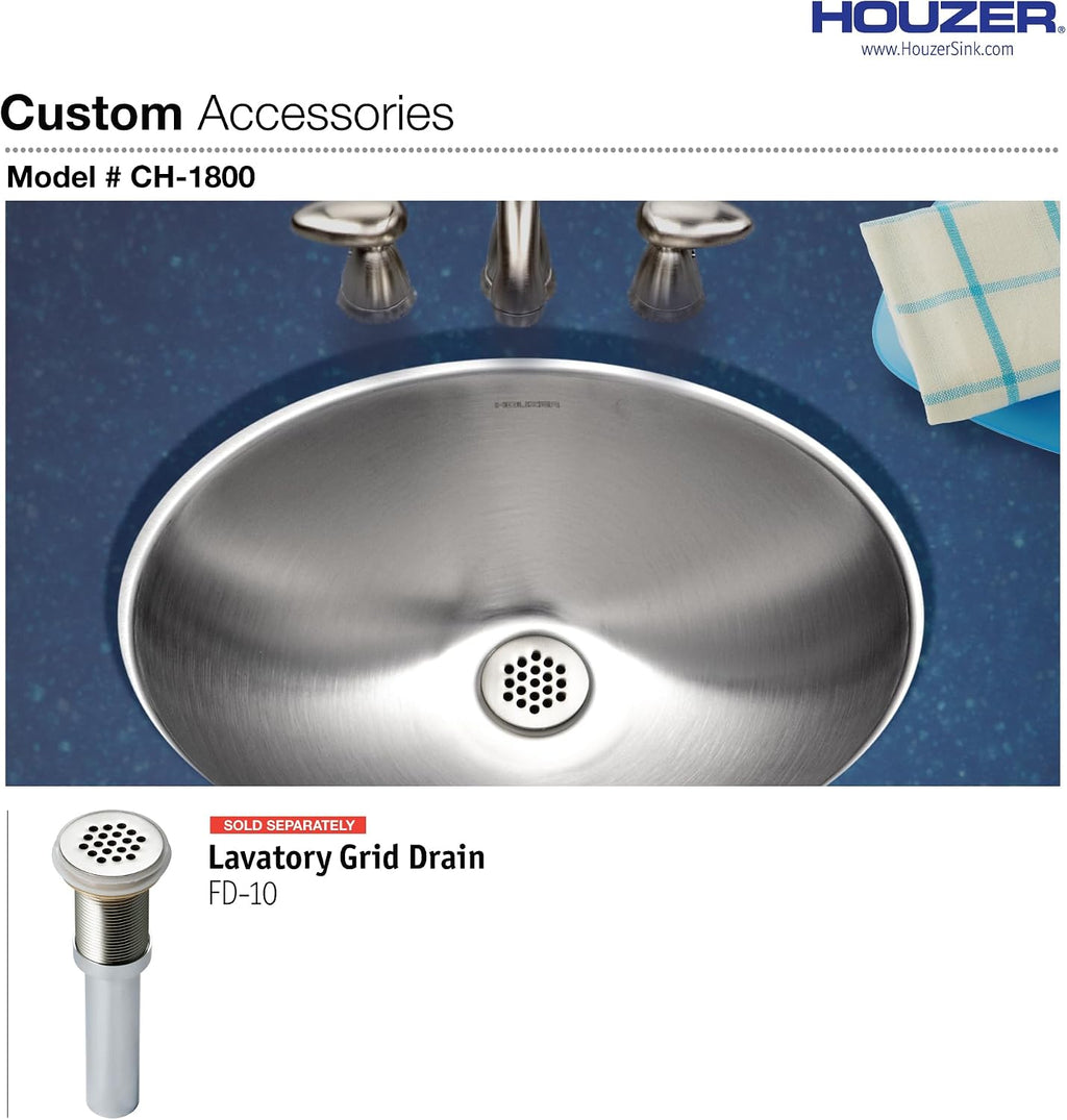 Houzer Opus Stainless Steel Bathroom Sink - 18 inch Undermount Oval Bowl Bathroom Sink without Overflow, Durable & Versatile, Essential for Home & Apartment, Nested 40-Pack - CH-1800-40